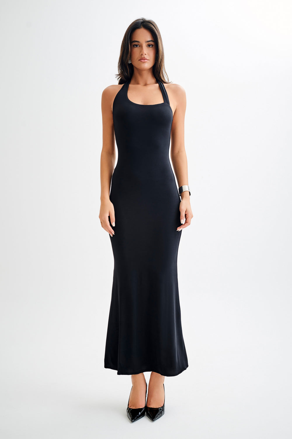 Marianne Asymmetrical Slinky Maxi Dress - Black