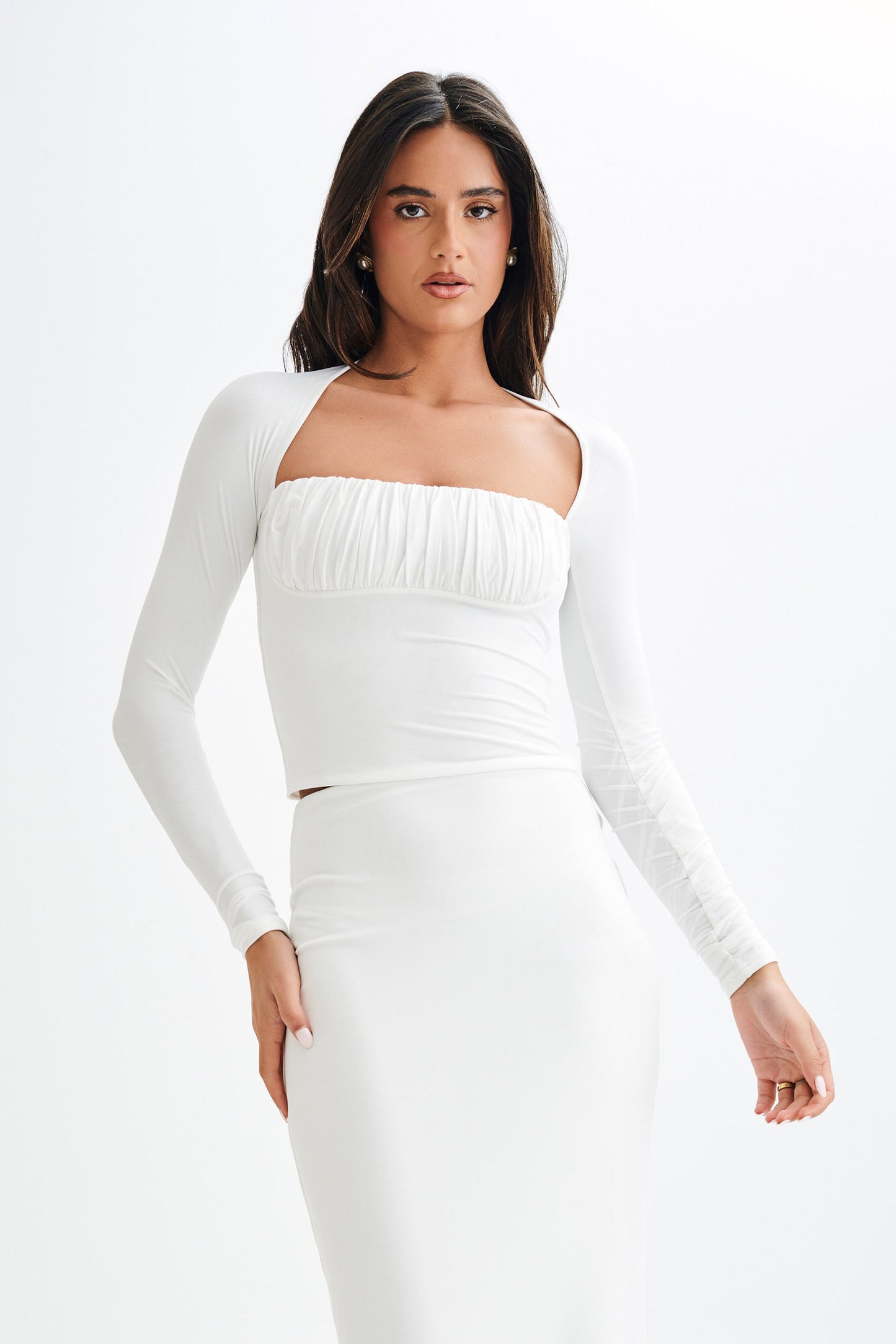 Billie Slinky Ruched Long Sleeve Top - White