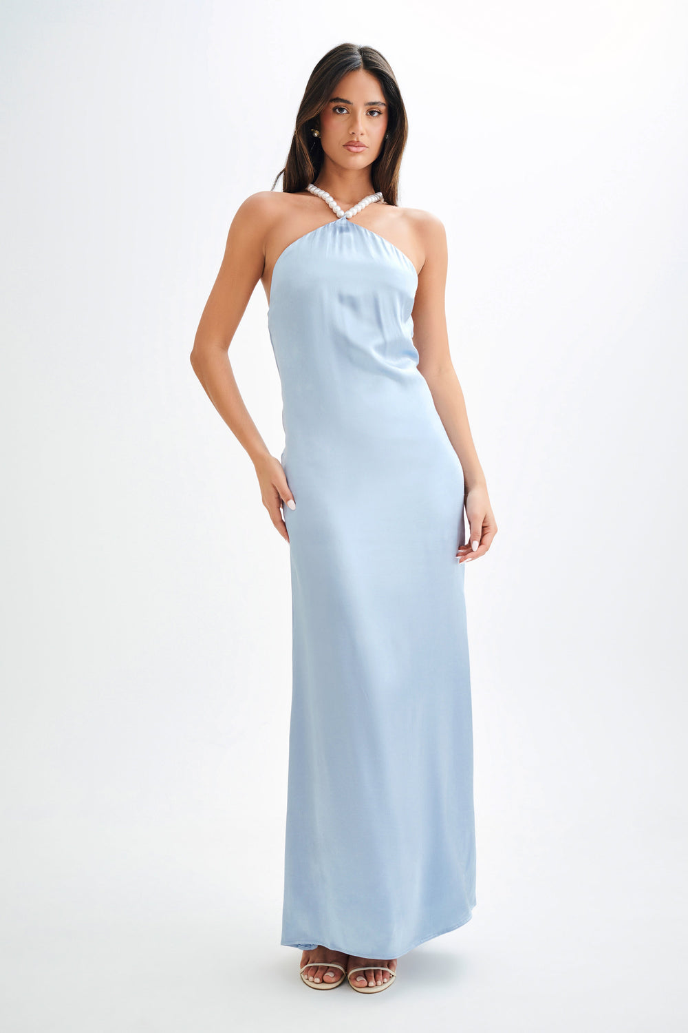 Blanche Satin Pearl Halter Maxi Dress - Cornflower Blue