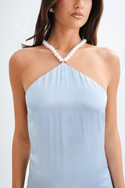 Blanche Satin Pearl Halter Maxi Dress - Cornflower Blue