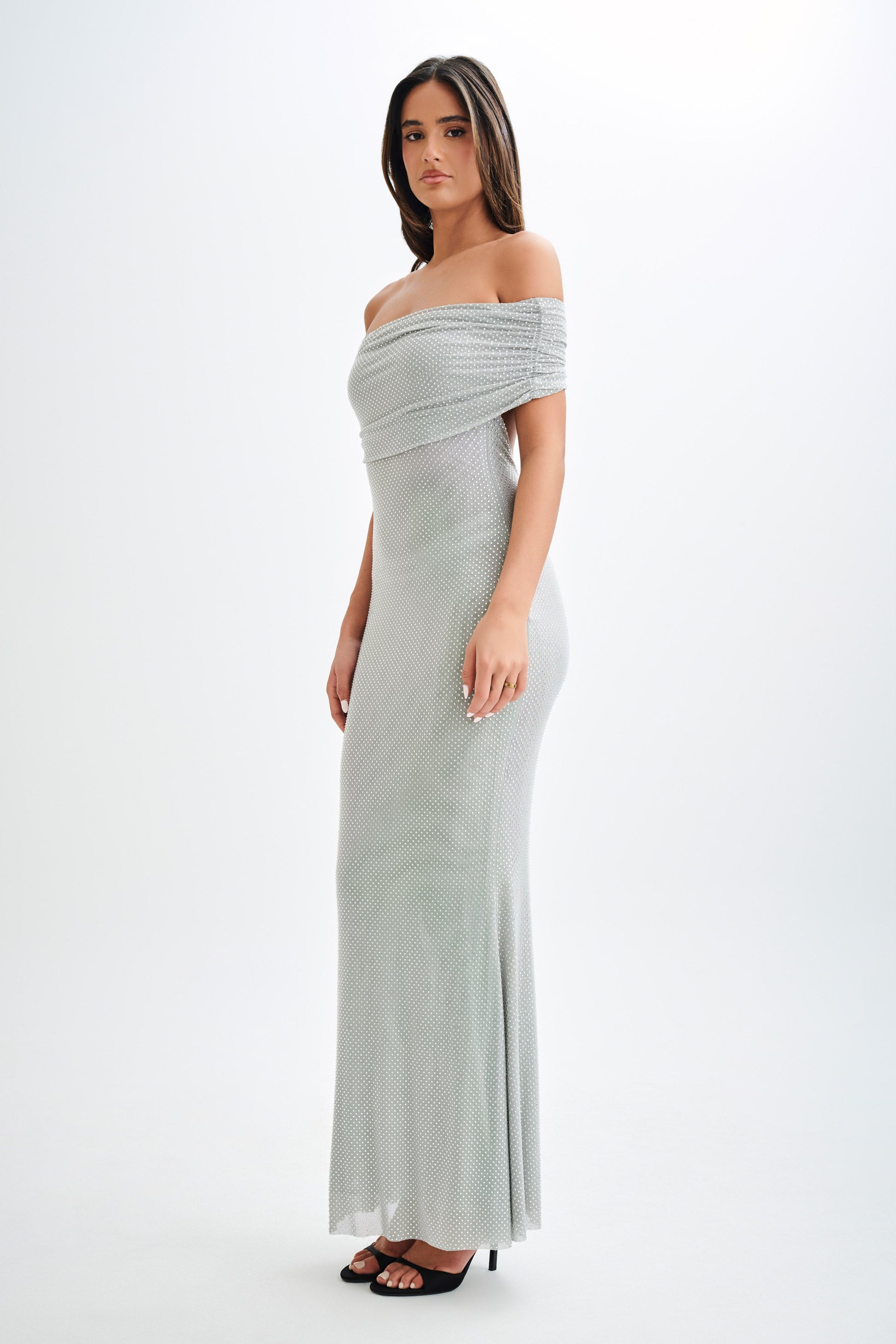Arna Off Shoulder Diamante Maxi Dress - Silver #6