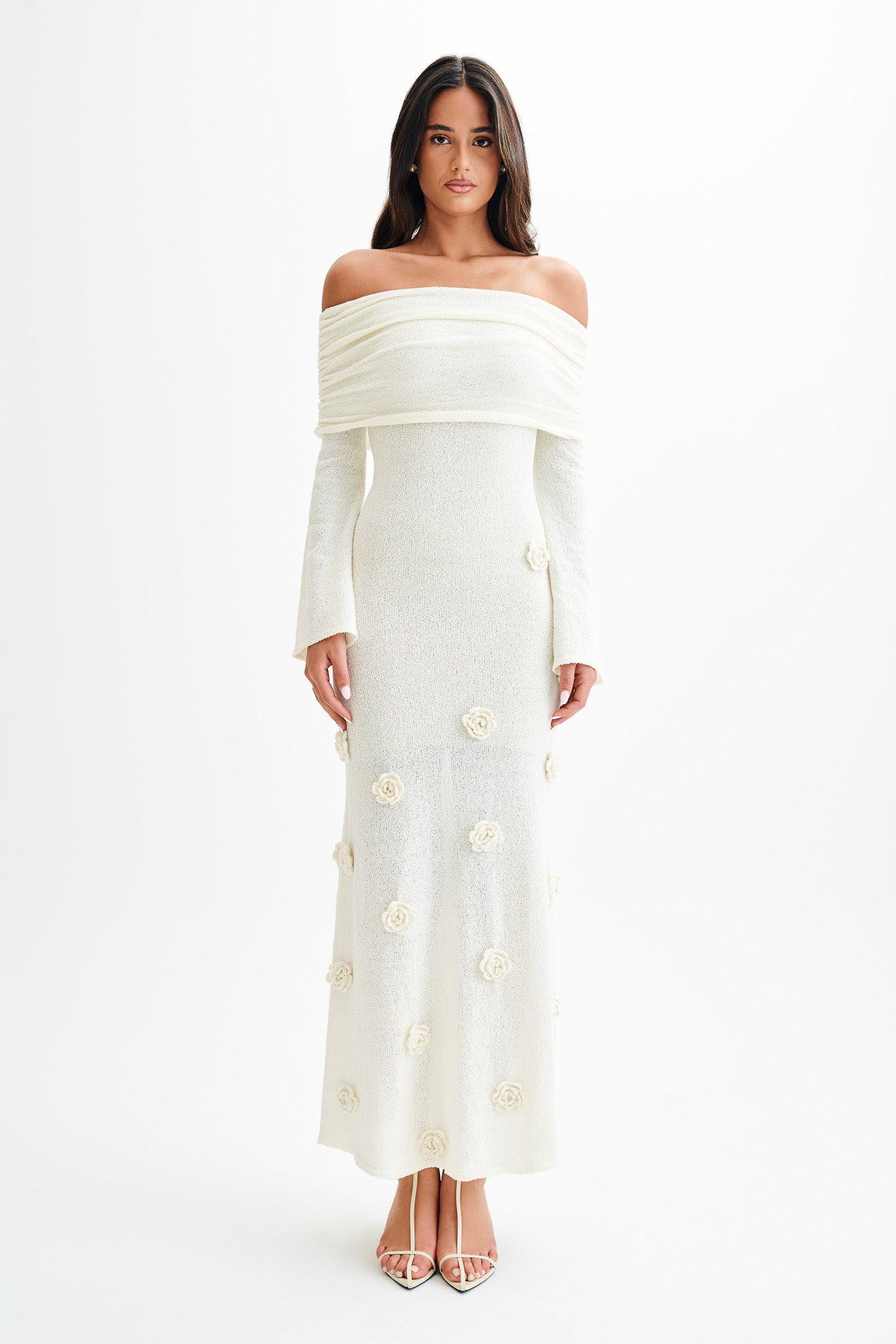 Kiki Off Shoulder Knit Rose Maxi Dress - Ivory