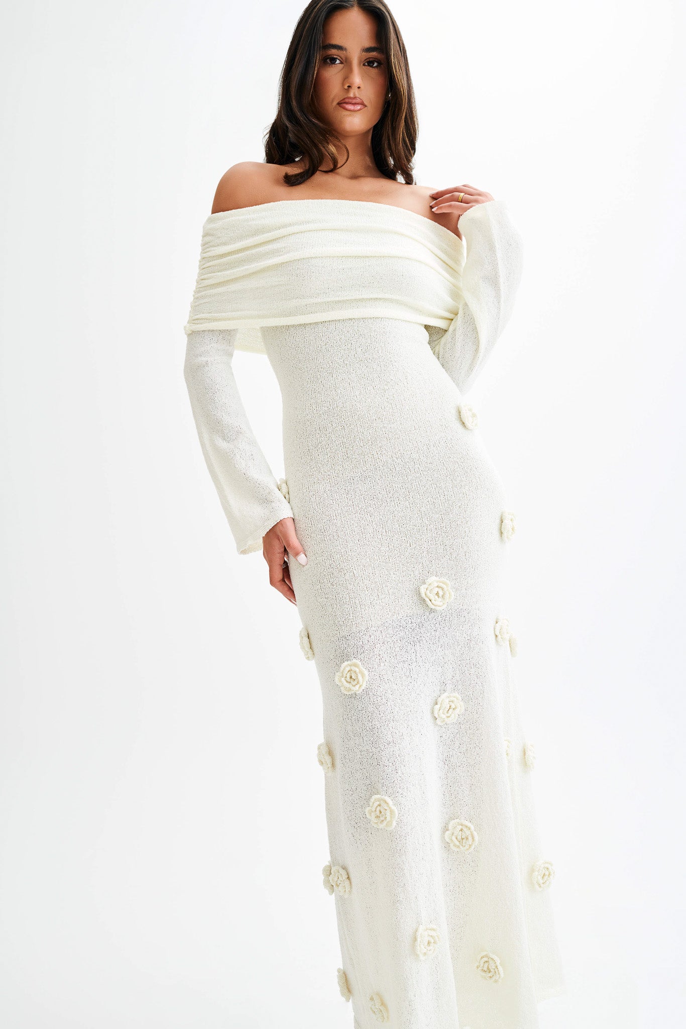 Kiki Off Shoulder Knit Rose Maxi Dress - Ivory #7