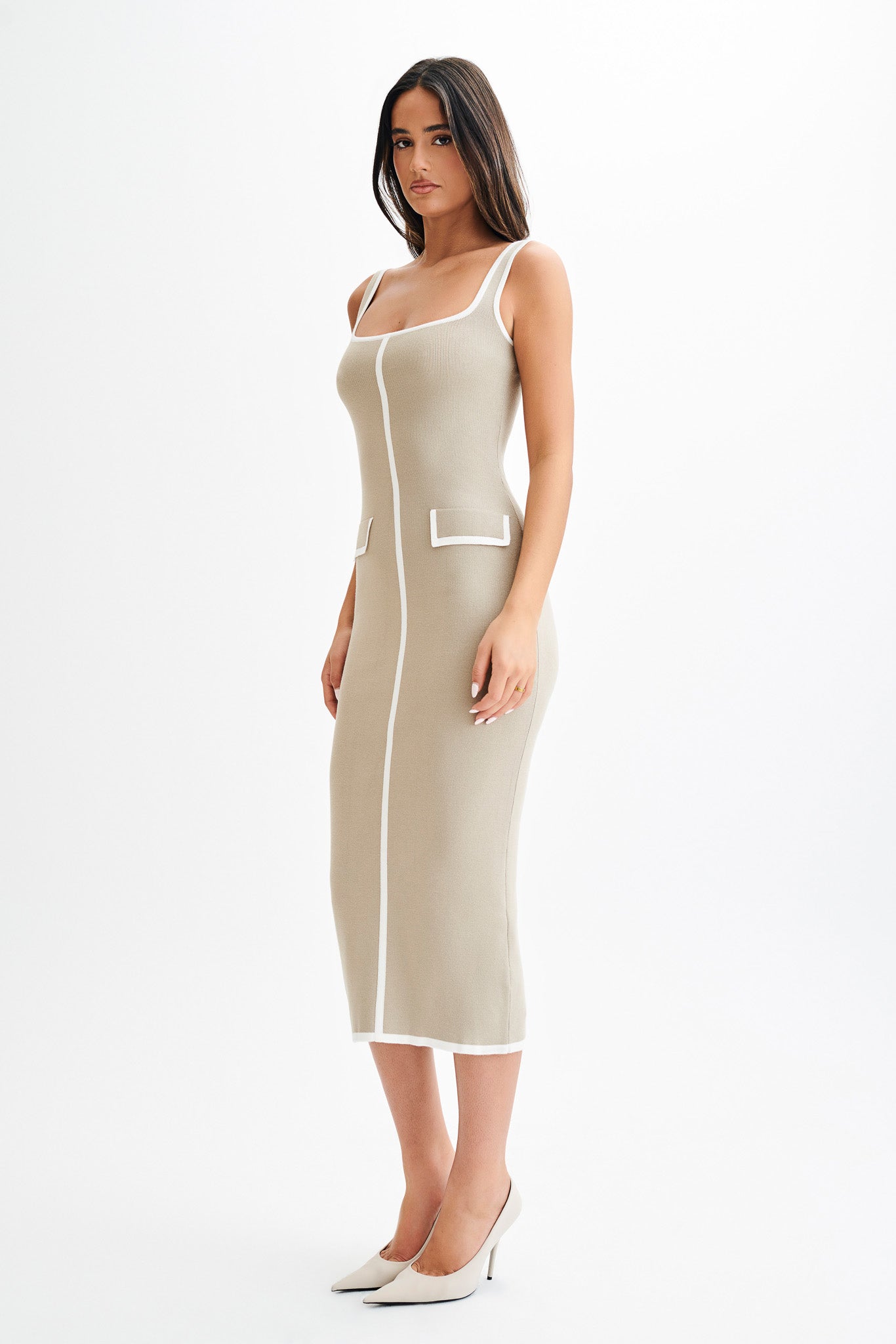 Eimear Contrast Knit Midi Dress - Taupe & Ivory #4
