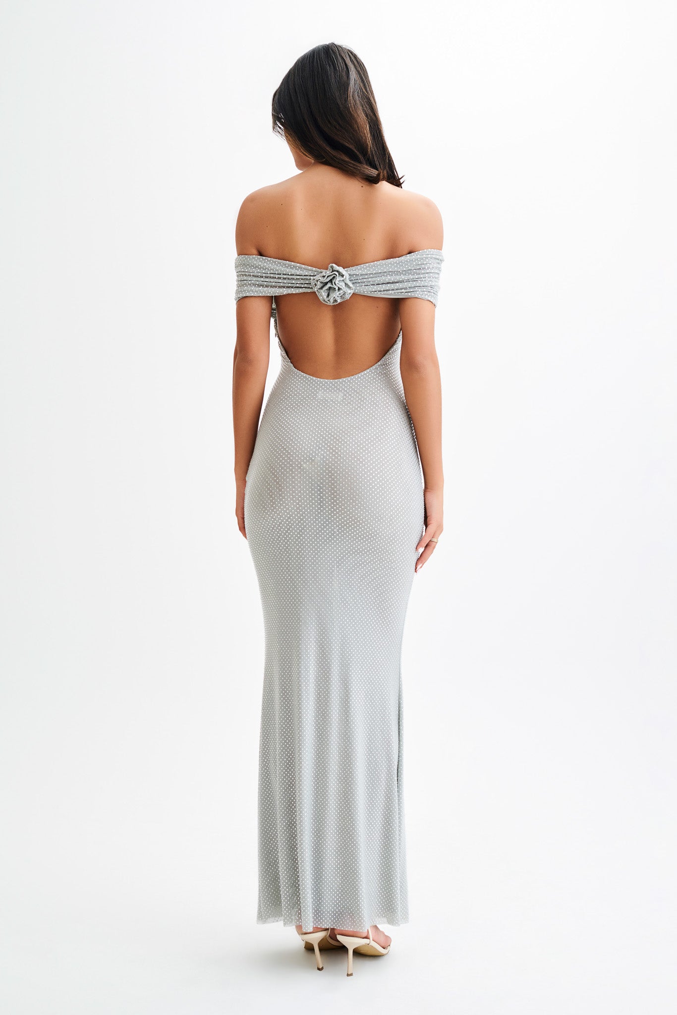 Arna Off Shoulder Diamante Maxi Dress - Silver #5