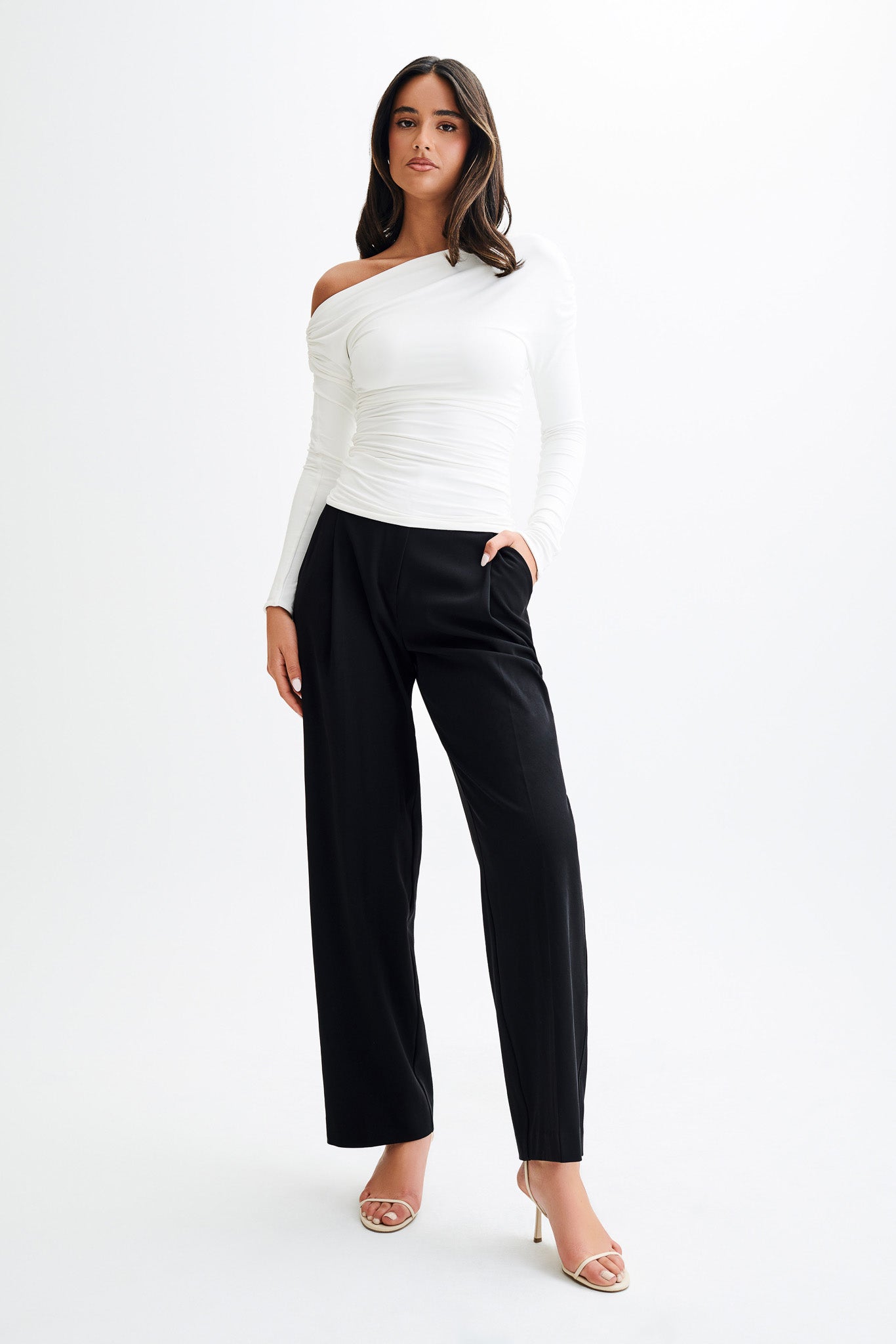 Alayna Long Sleeve Recycled Nylon Ruched Top - White #4