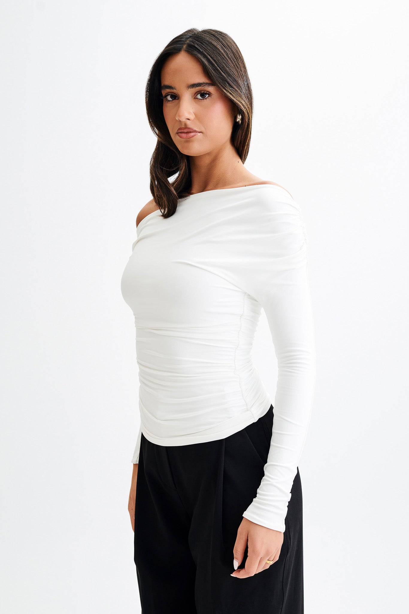 Alayna Long Sleeve Recycled Nylon Ruched Top - White