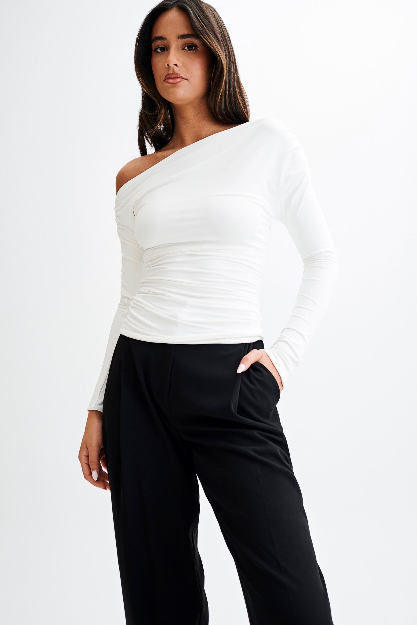 Alayna Long Sleeve Recycled Nylon Ruched Top - White #6