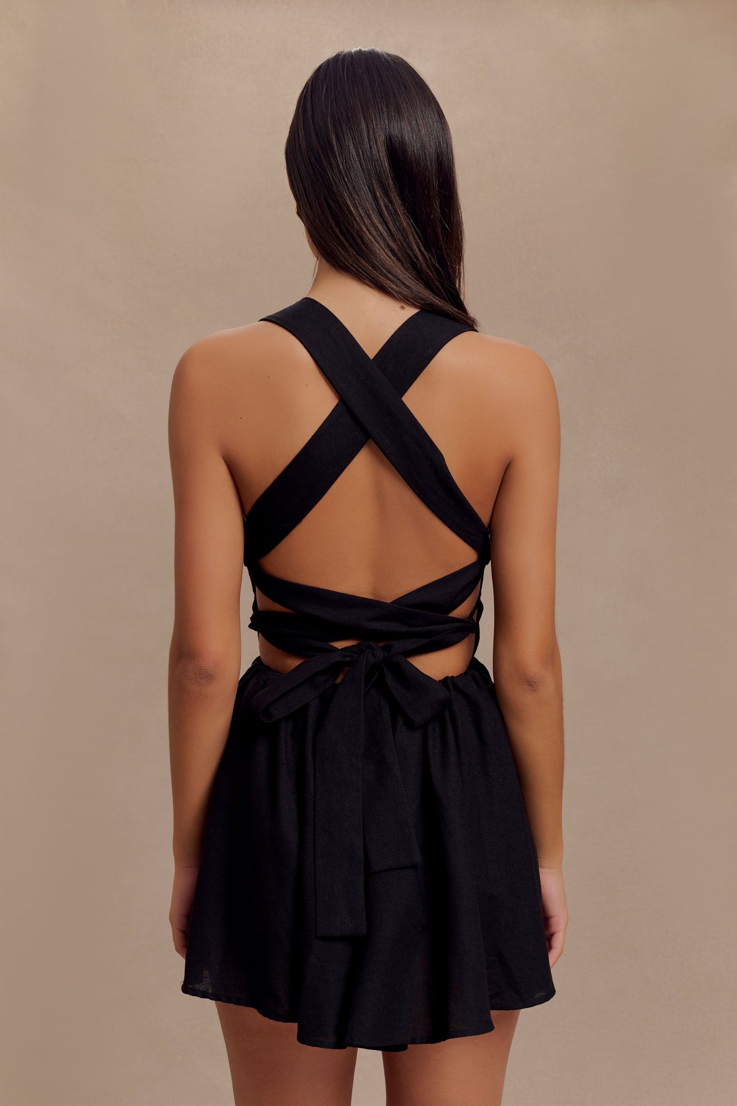 Loz Tie Back Linen Mini Dress - Black