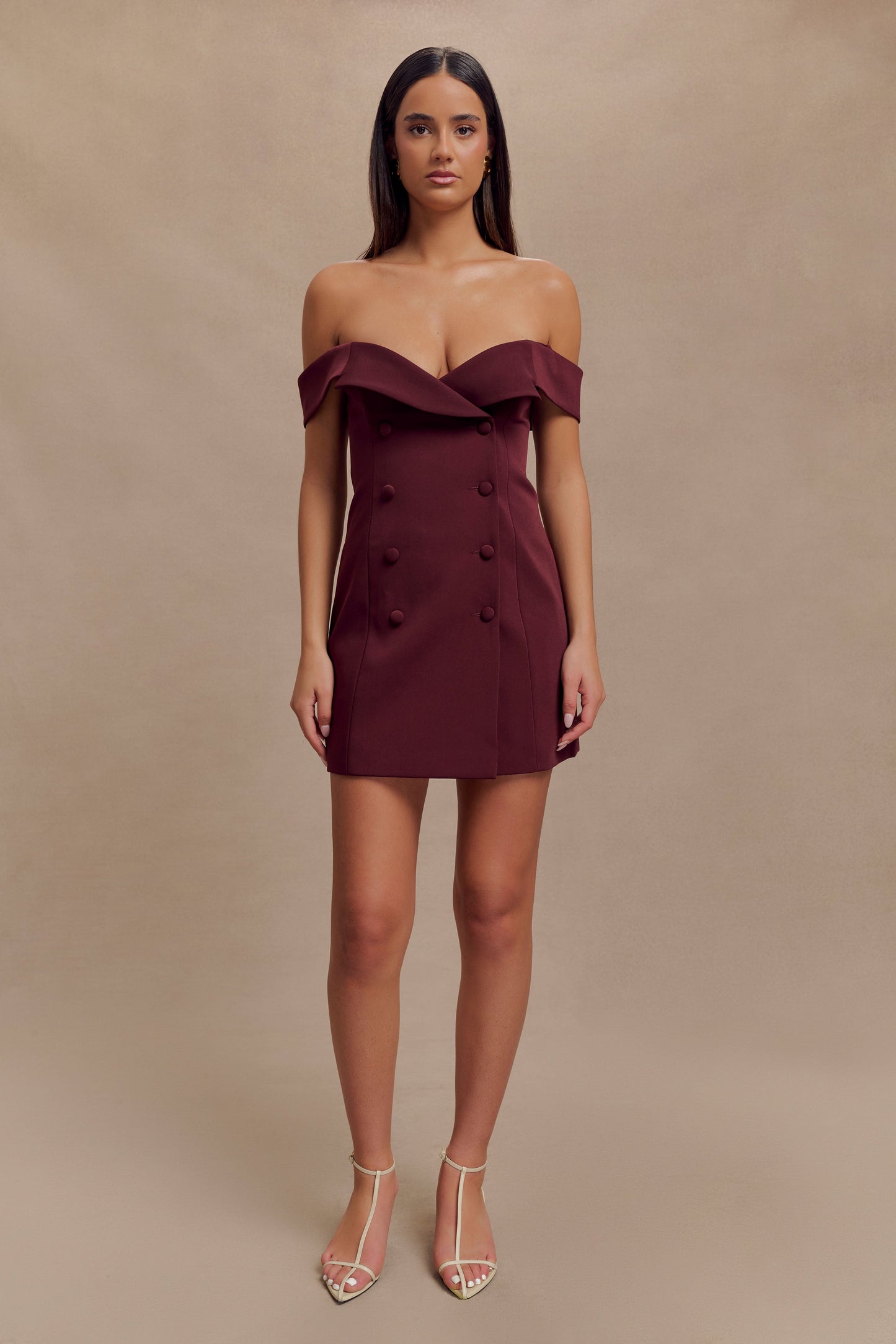 Noelle Off Shoulder Suiting Mini Dress - Mahogany