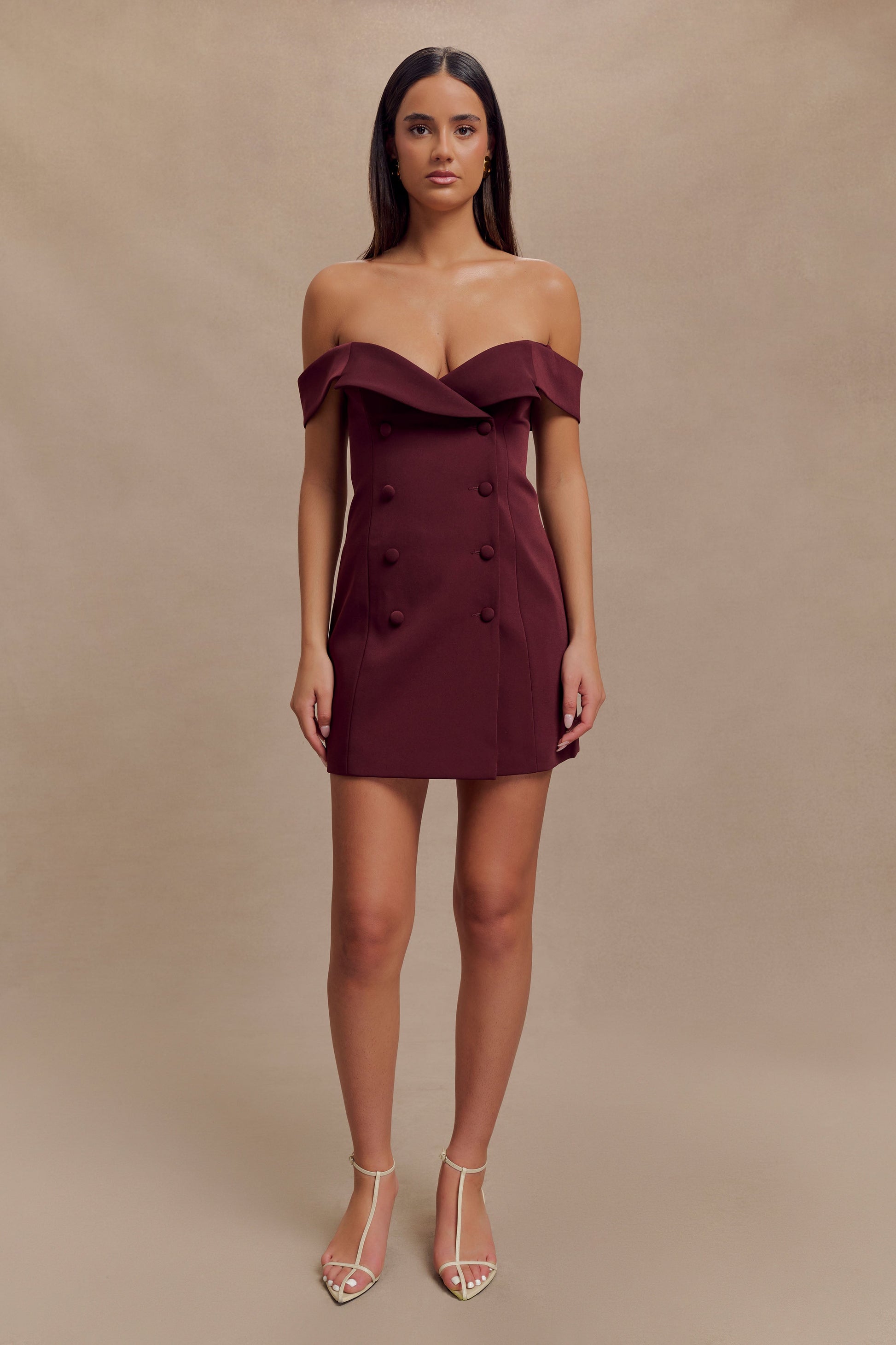 Noelle Off Shoulder Suiting Mini Dress - Mahogany #8