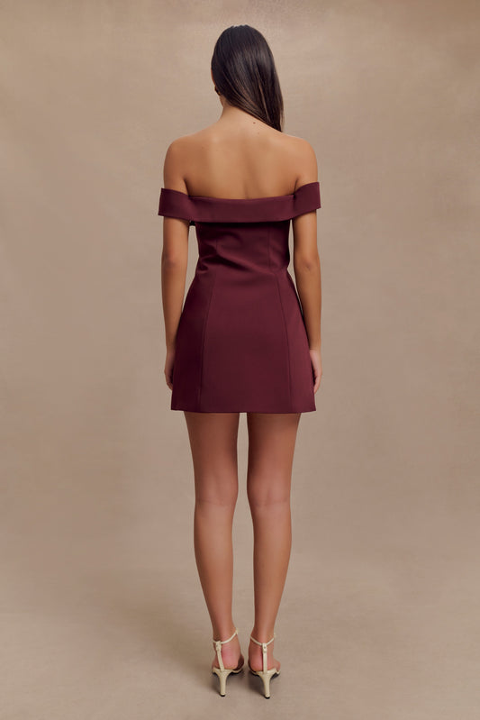 Noelle Off Shoulder Suiting Mini Dress - Mahogany