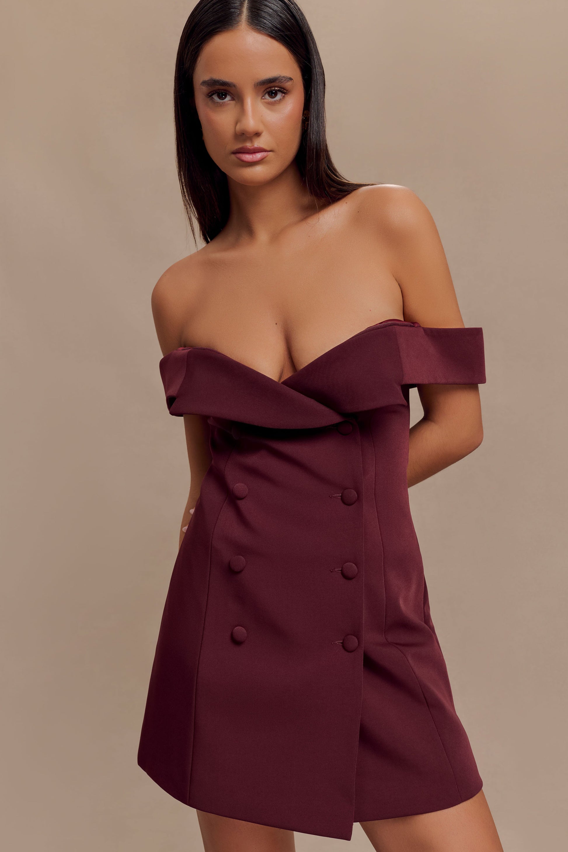 Noelle Off Shoulder Suiting Mini Dress - Mahogany #9