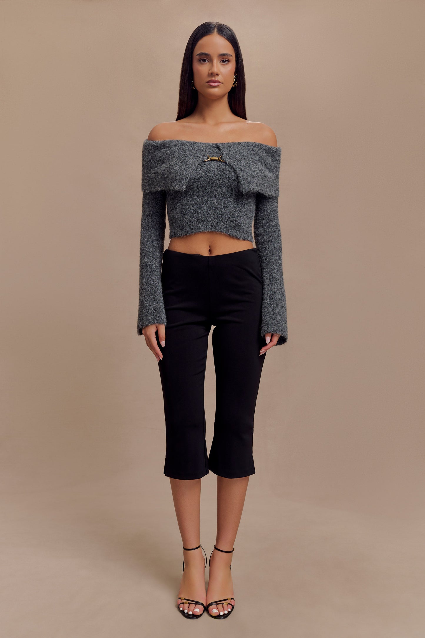 Baxter Off Shoulder Fluffy Knit Top - Charcoal