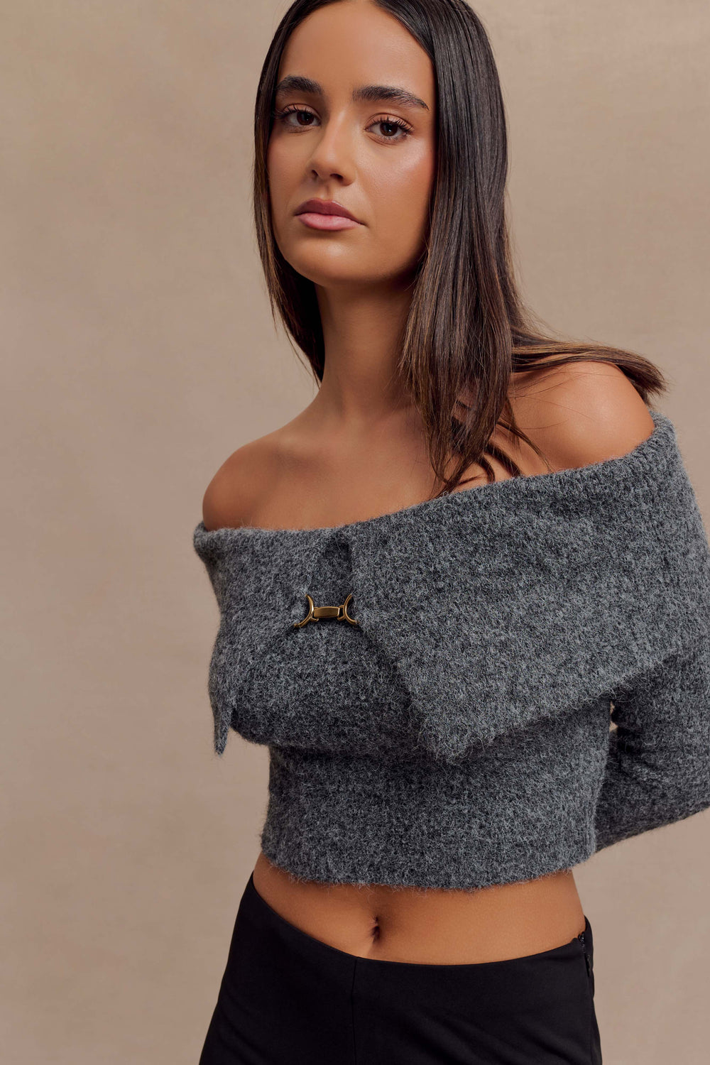 Baxter Off Shoulder Fluffy Knit Top - Charcoal