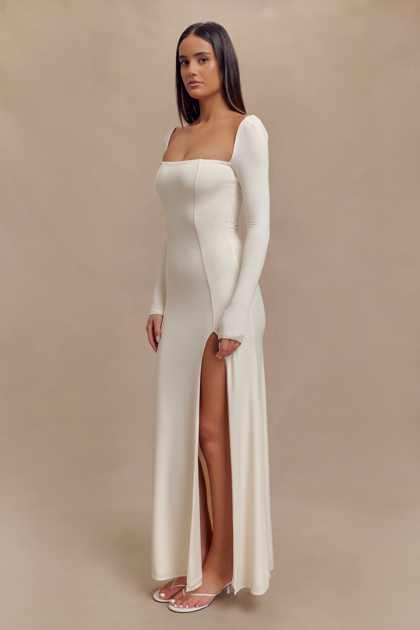 Desirie Slinky Long Sleeve Maxi Dress With Split - Ivory