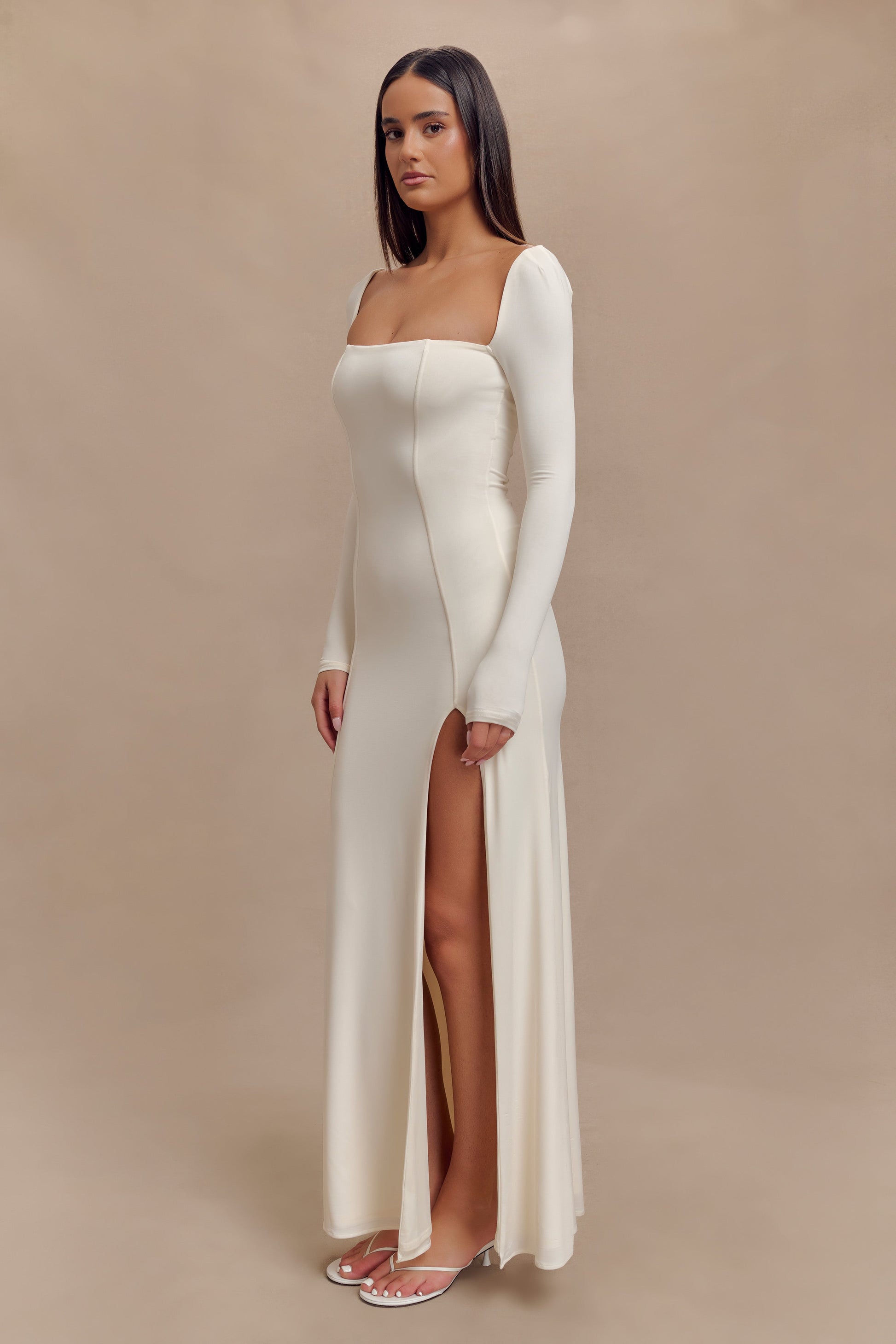 Desirie Slinky Long Sleeve Maxi Dress With Split - Ivory #3