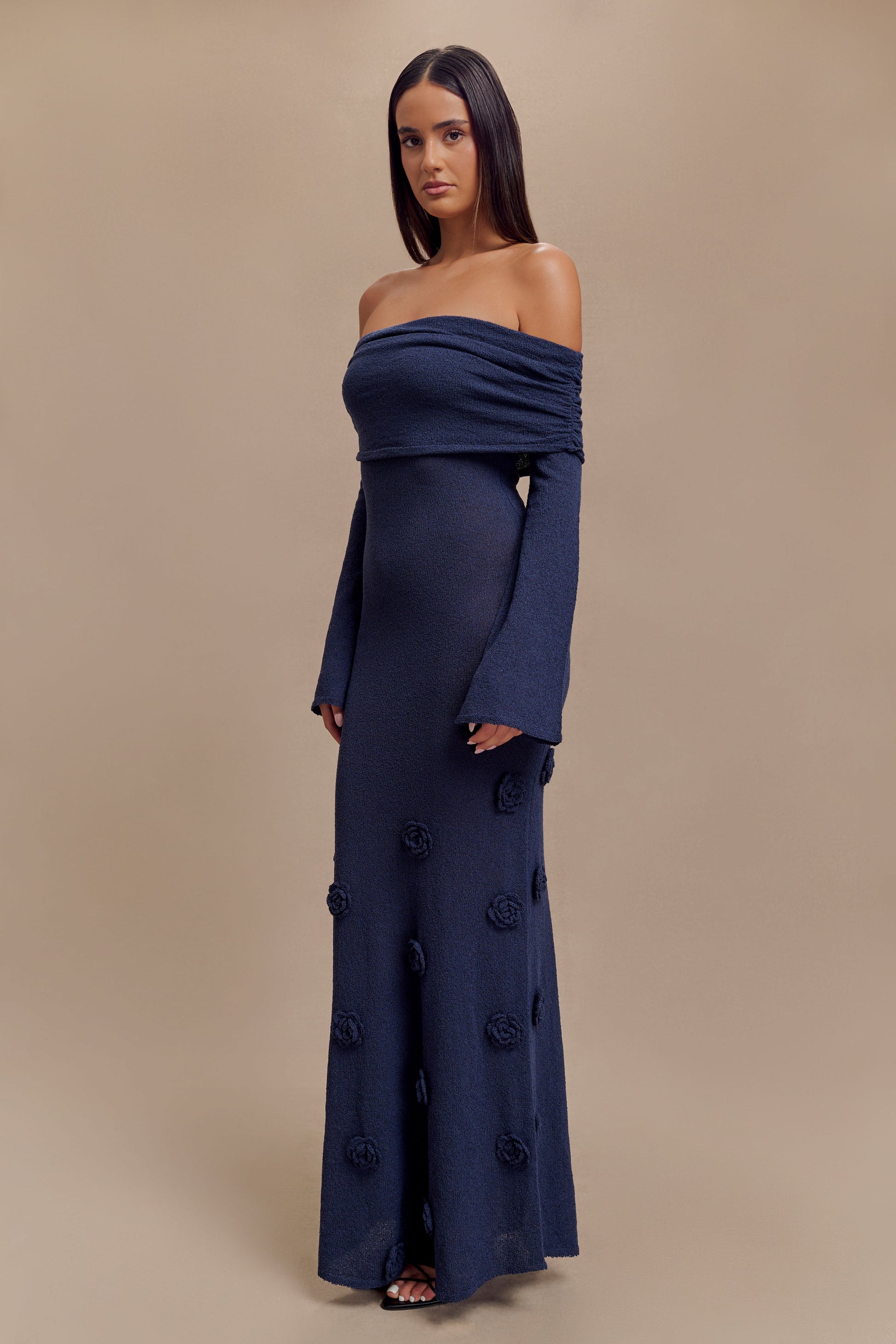 Kiki Off Shoulder Knit Rose Maxi Dress - Navy #3