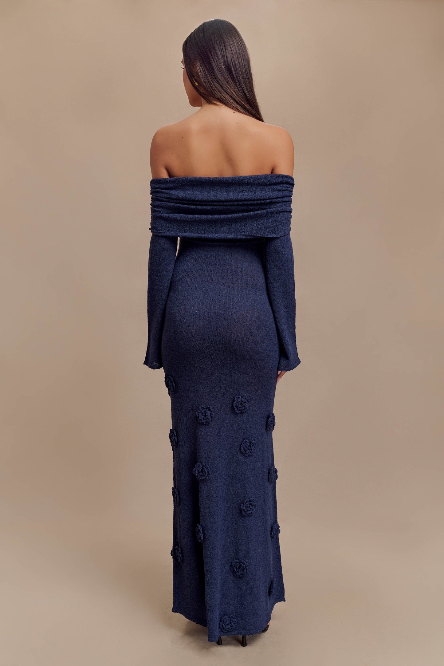 Kiki Off Shoulder Knit Rose Maxi Dress - Navy