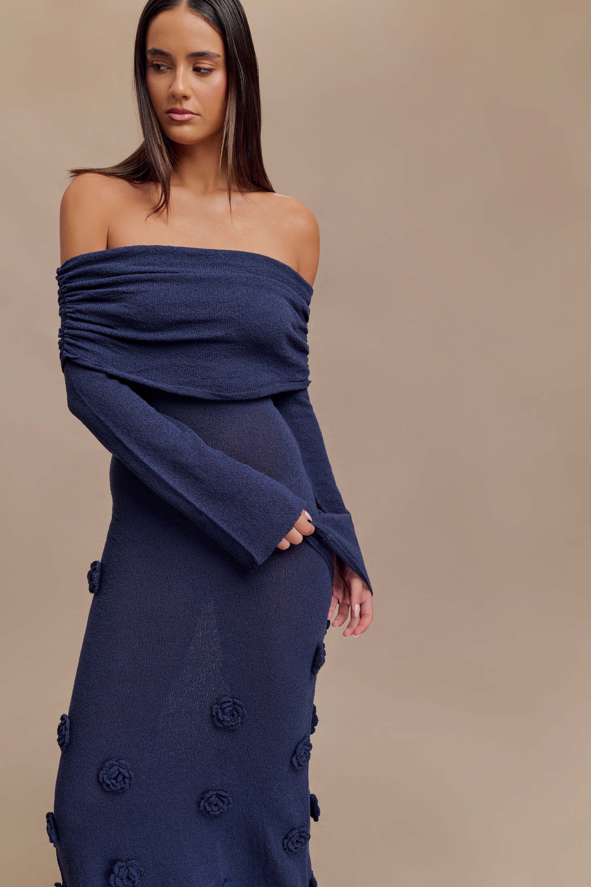Kiki Off Shoulder Knit Rose Maxi Dress - Navy #4