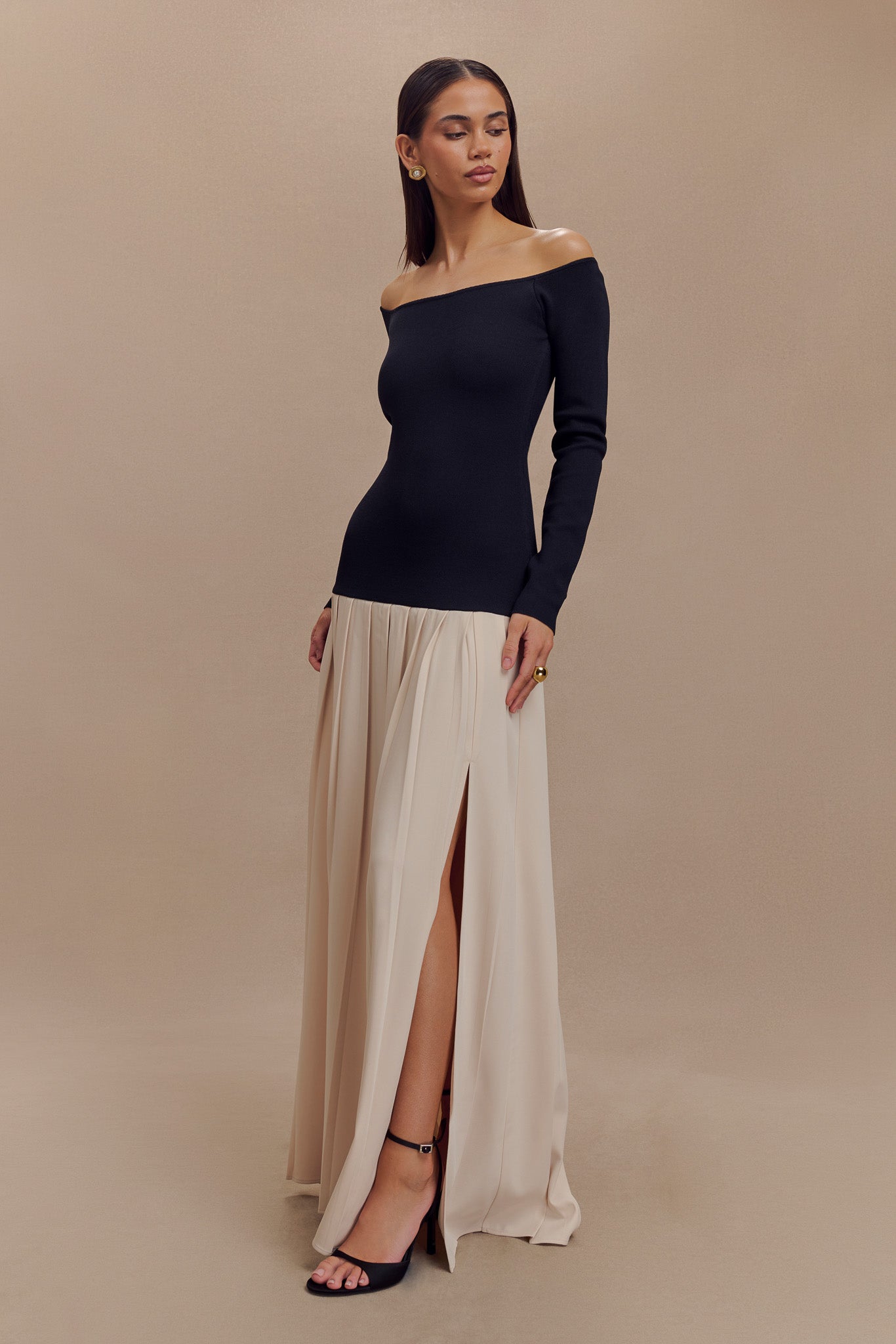 Presley Contrast Knit Off Shoulder Maxi Dress - Navy And Cream