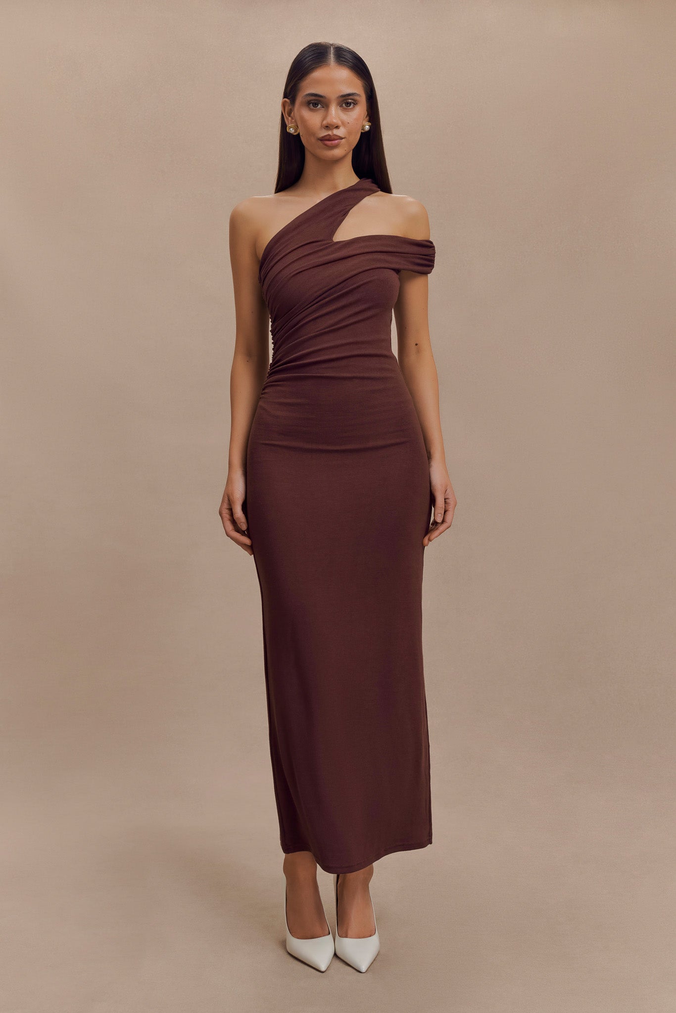 Anastasia One Shoulder Modal Midi Dress - Mahogany