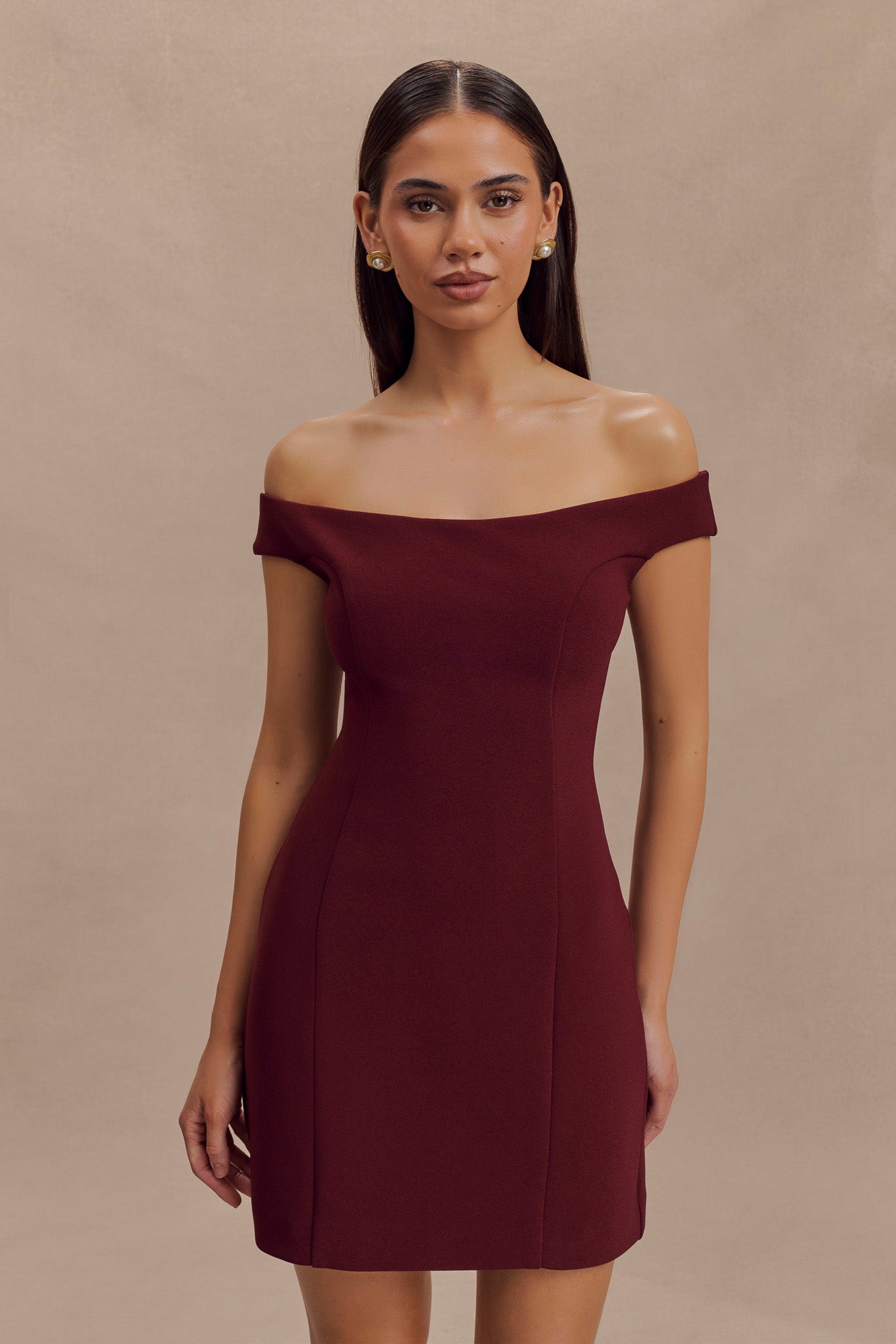 Cassidy Crepe Off Shoulder Mini Dress - Merlot #3
