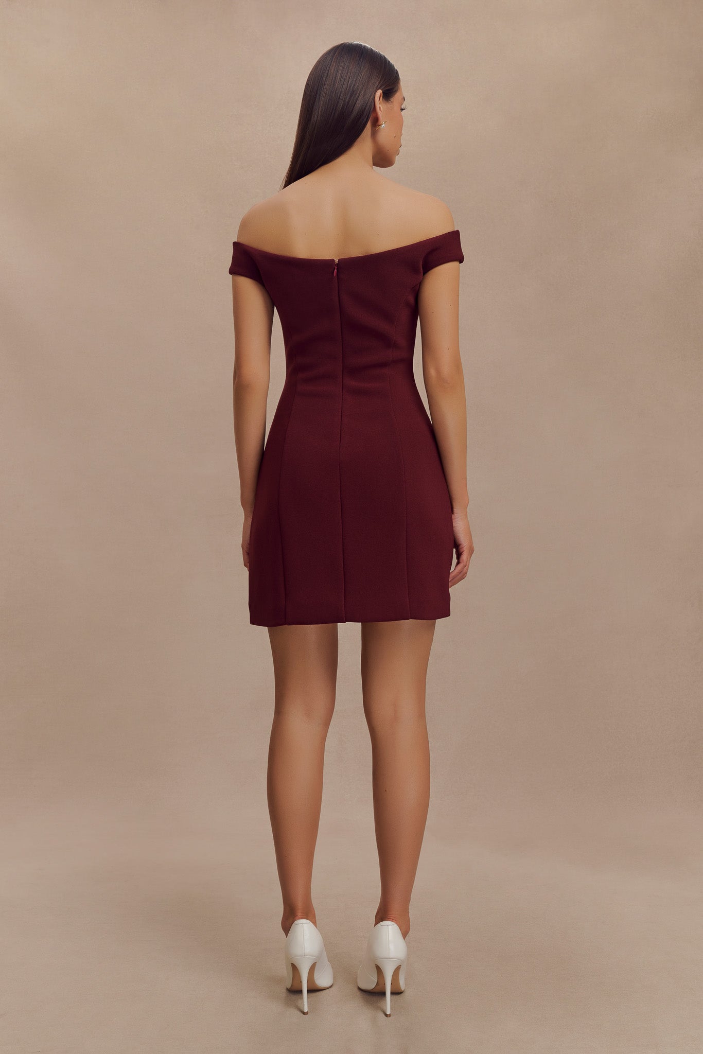 Cassidy Crepe Off Shoulder Mini Dress - Merlot #2