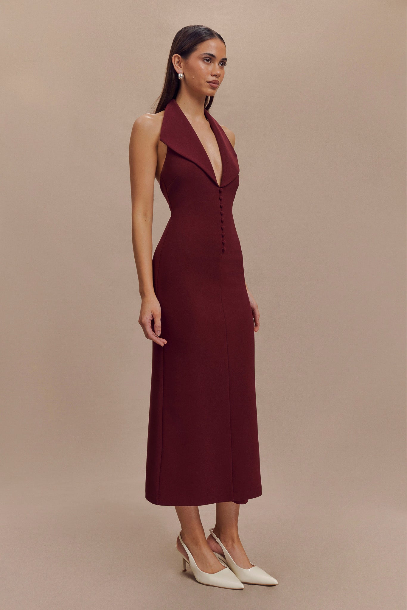 Annita Crepe Halter Midi Dress - Merlot