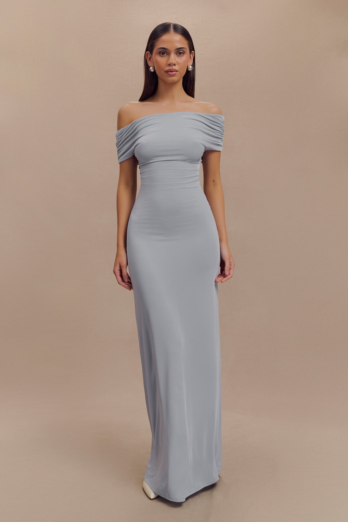 Imogen Off Shoulder Slinky Maxi Dress - Dusty Blue #2