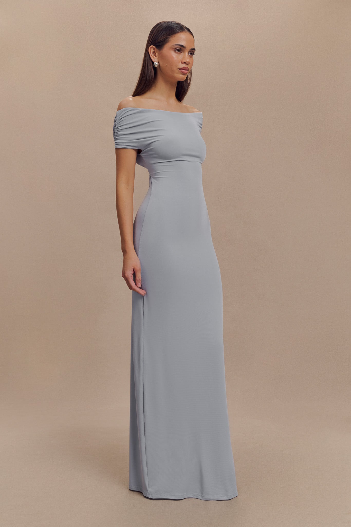 Imogen Off Shoulder Slinky Maxi Dress - Dusty Blue #4