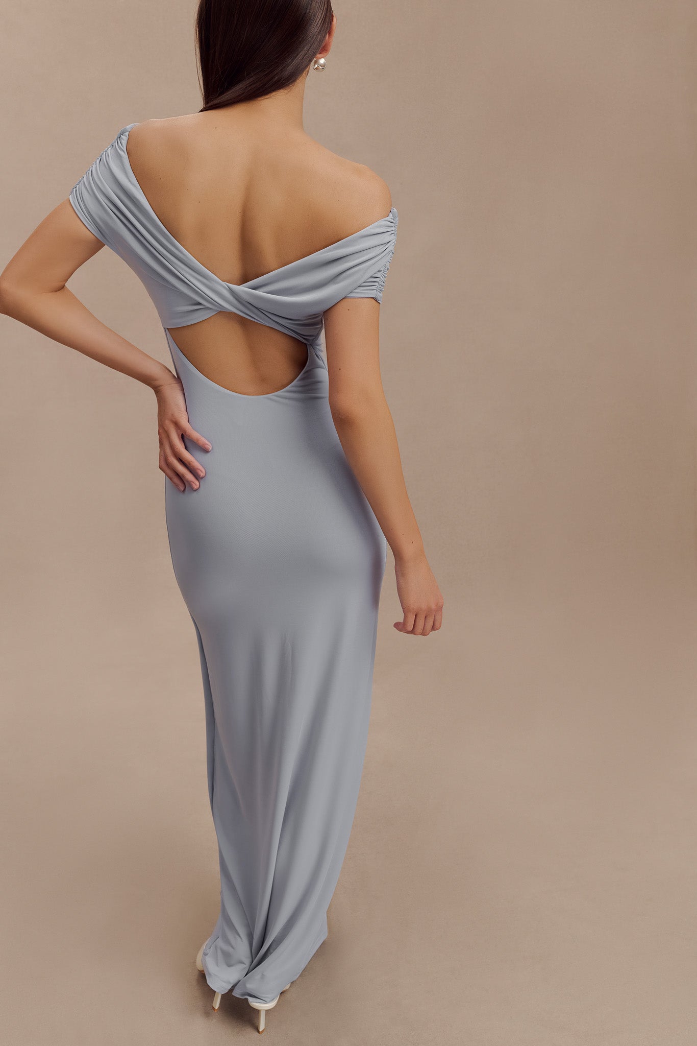 Imogen Off Shoulder Slinky Maxi Dress - Dusty Blue