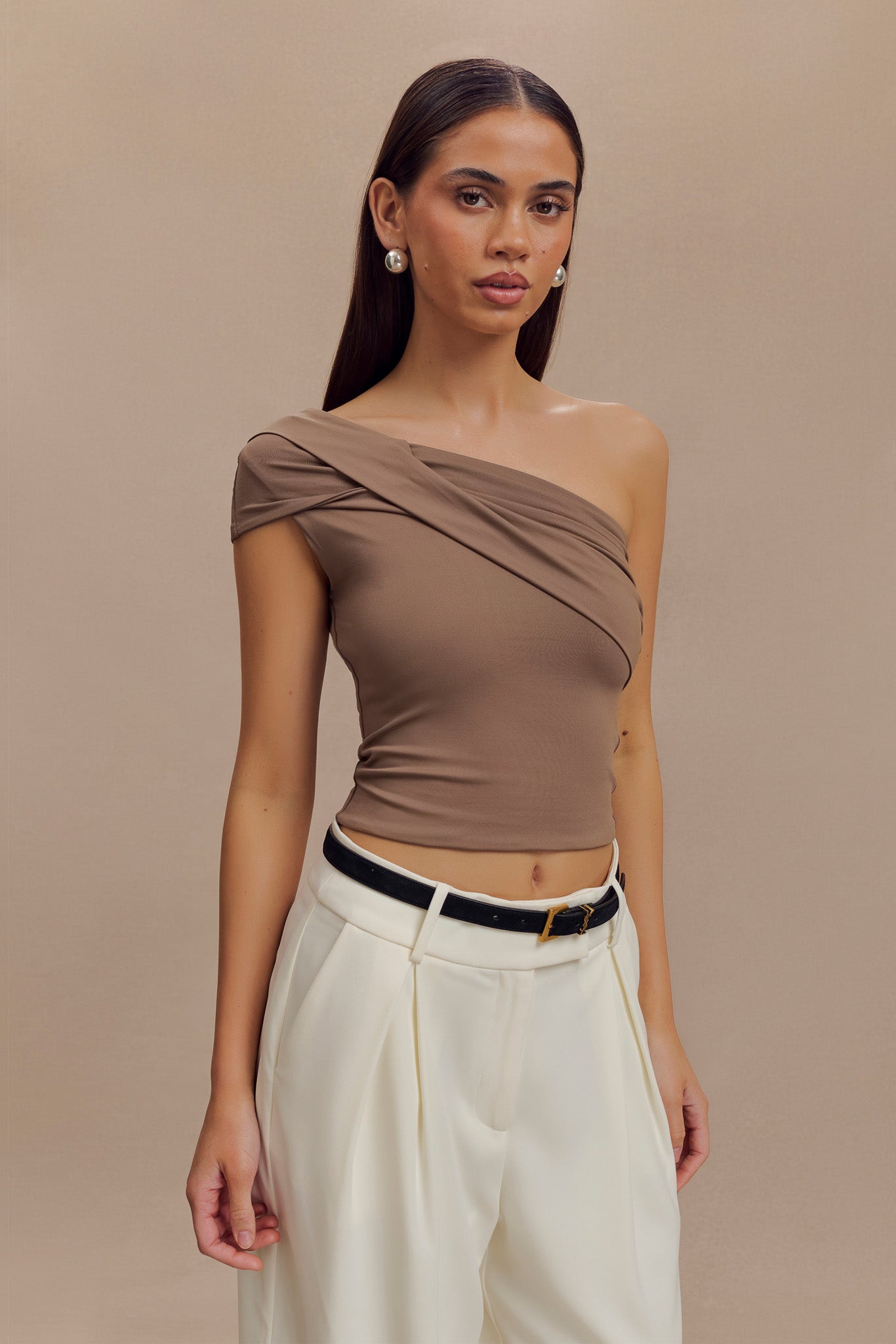 Solene One Shoulder Recycled Nylon Twist Top - Smoke #4