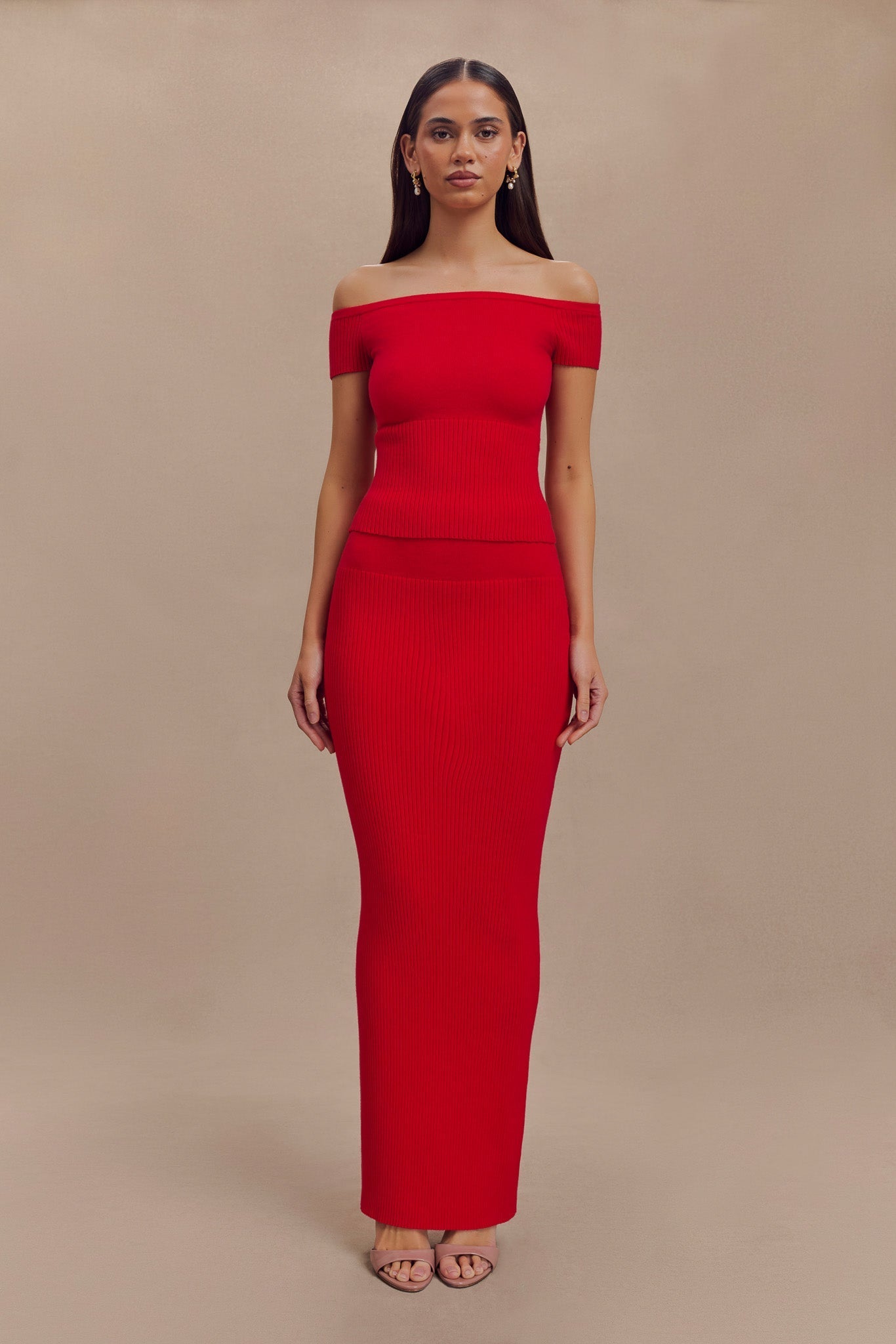 Mathilde Ribbed Knit Off Shoulder Top - Ruby #5