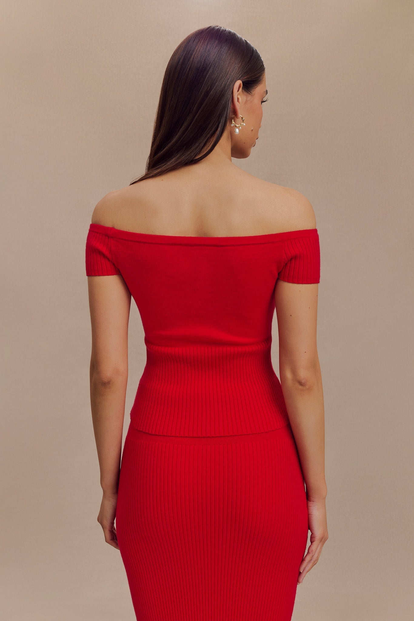 Mathilde Ribbed Knit Off Shoulder Top - Ruby #3