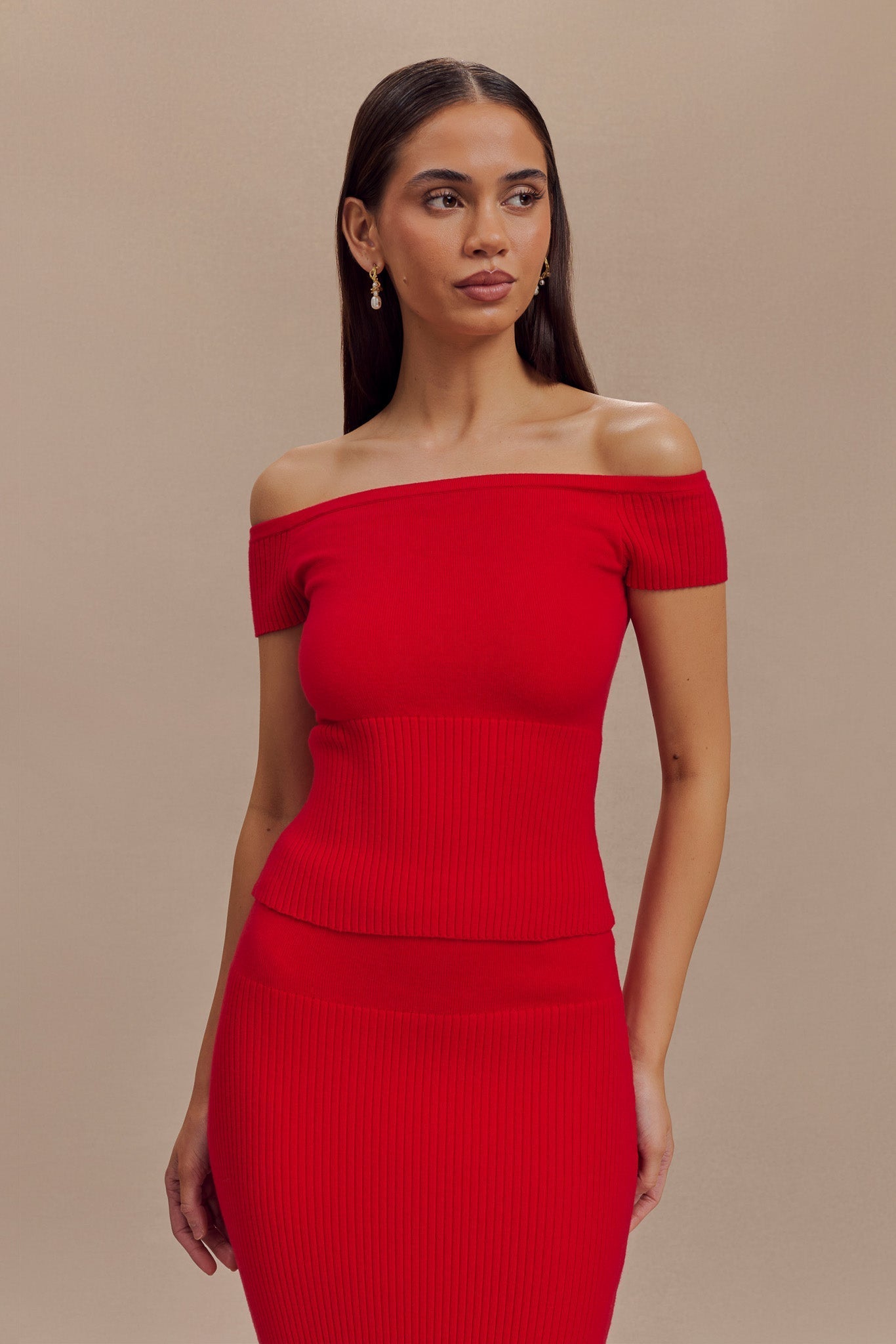 Mathilde Ribbed Knit Off Shoulder Top - Ruby #2