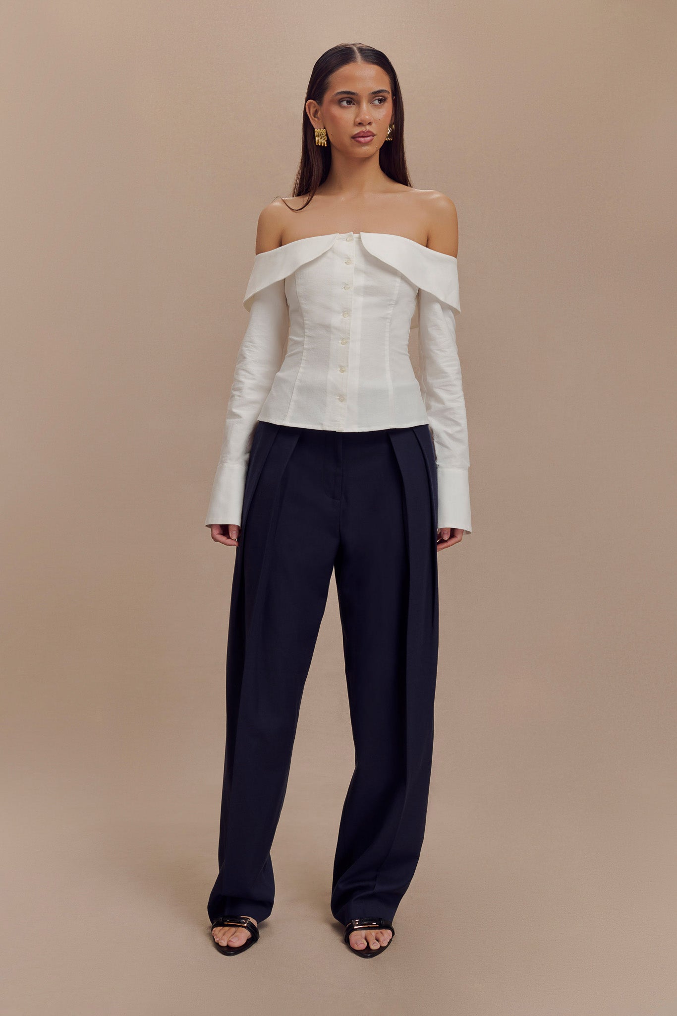 Spencer Off Shoulder Shirting Top - White #4