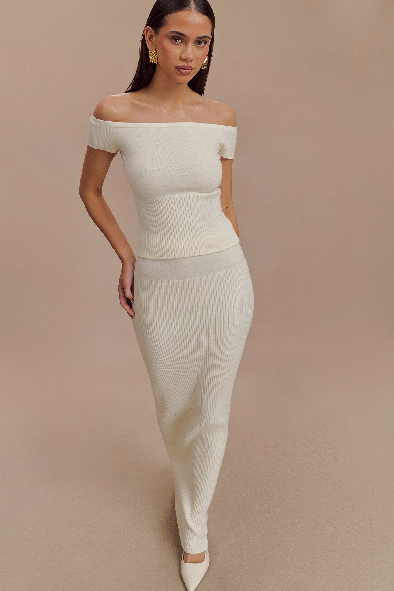 Mathilde Ribbed Knit Off Shoulder Top - Ivory #7