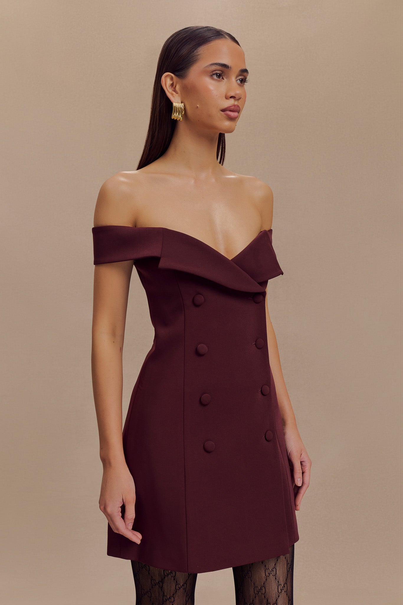 Noelle Off Shoulder Suiting Mini Dress - Mahogany