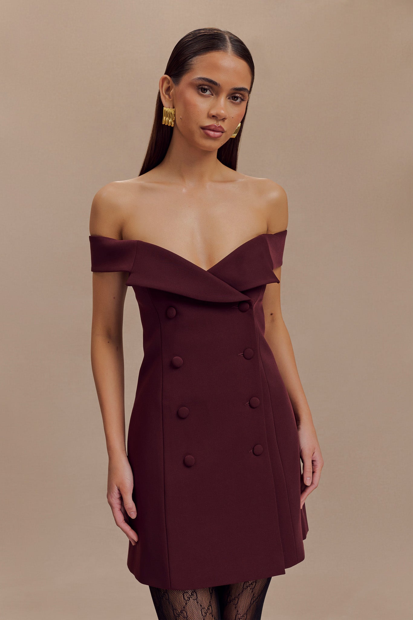 Noelle Off Shoulder Suiting Mini Dress - Mahogany #2