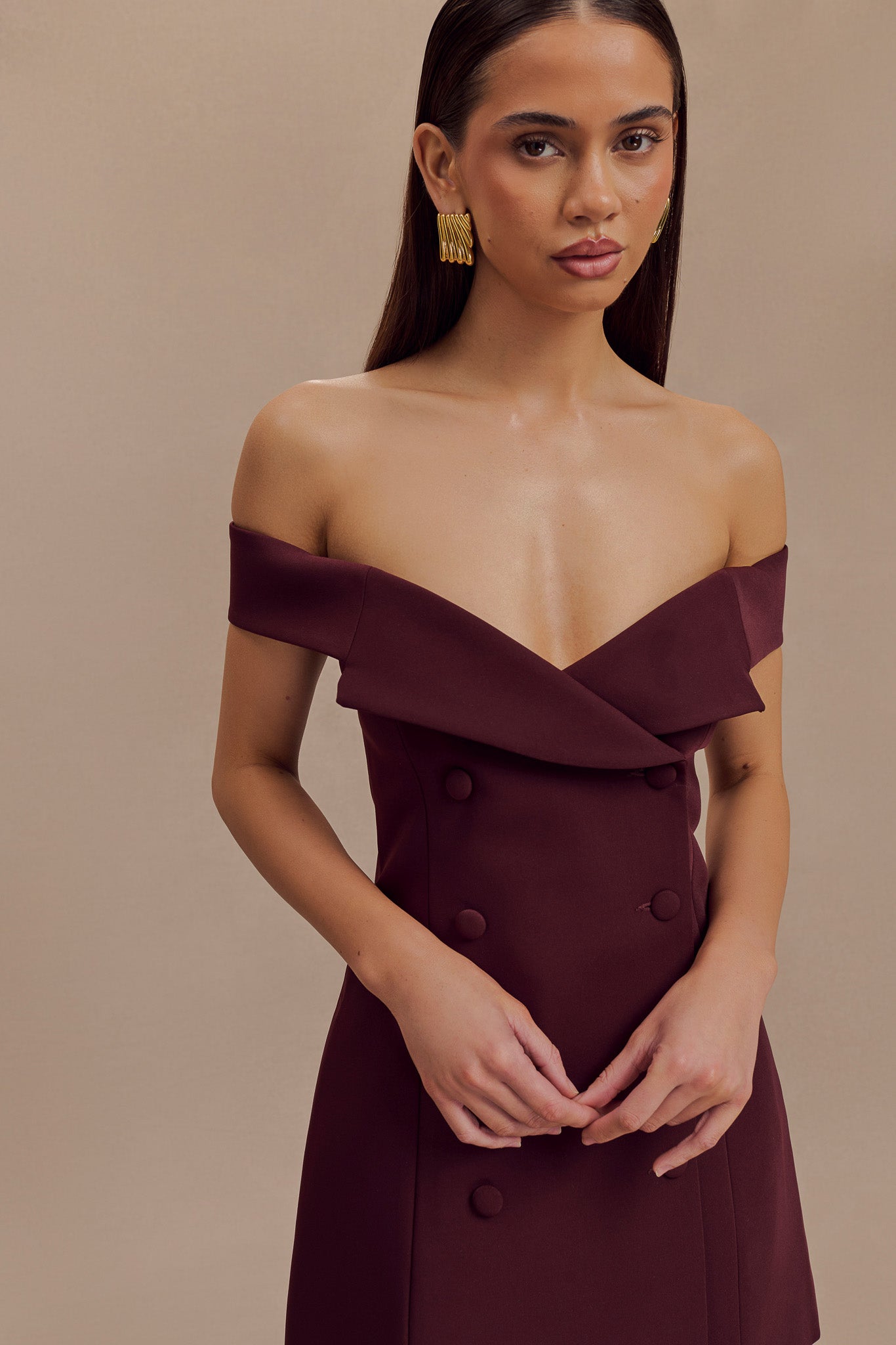 Noelle Off Shoulder Suiting Mini Dress - Mahogany