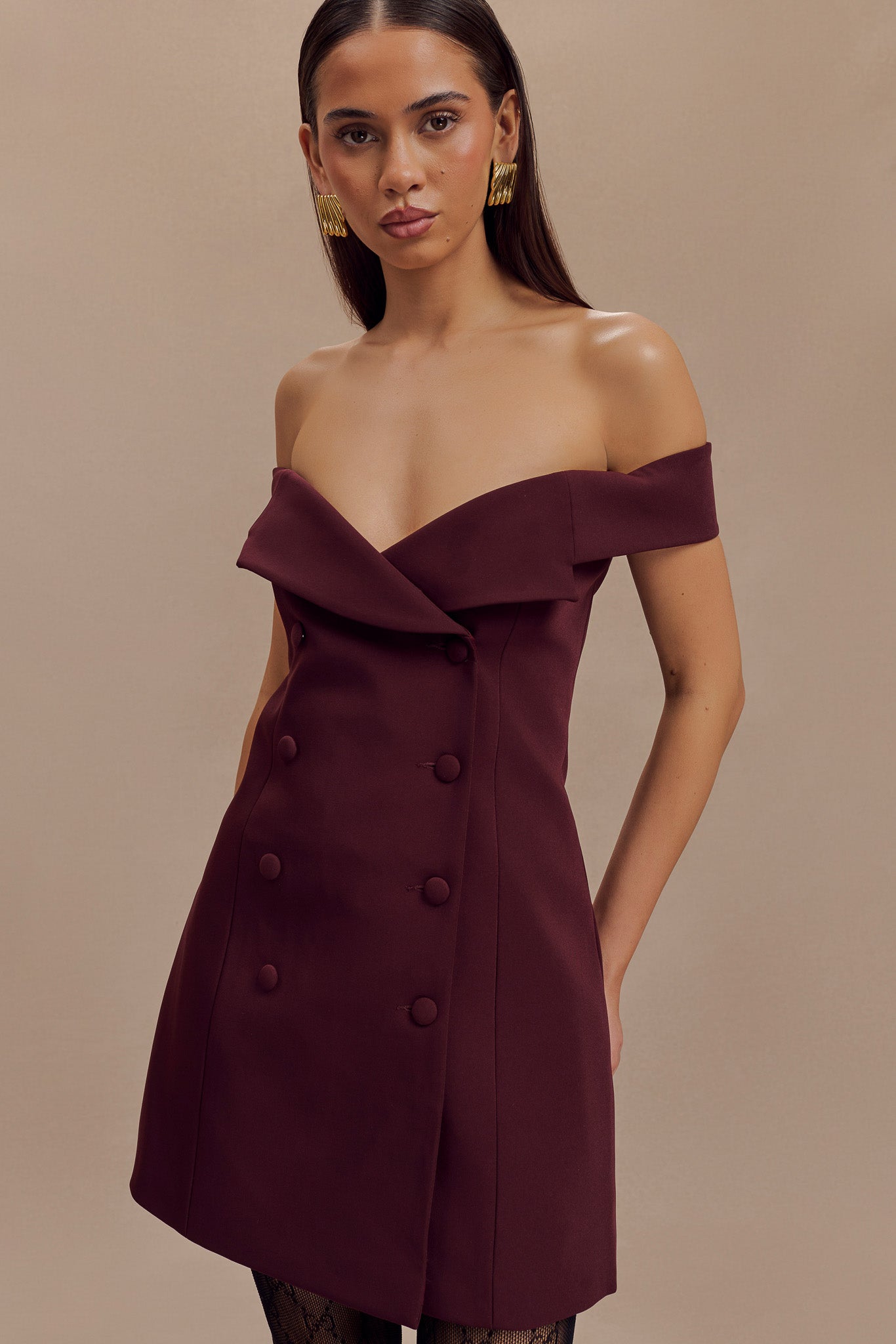 Noelle Off Shoulder Suiting Mini Dress - Mahogany