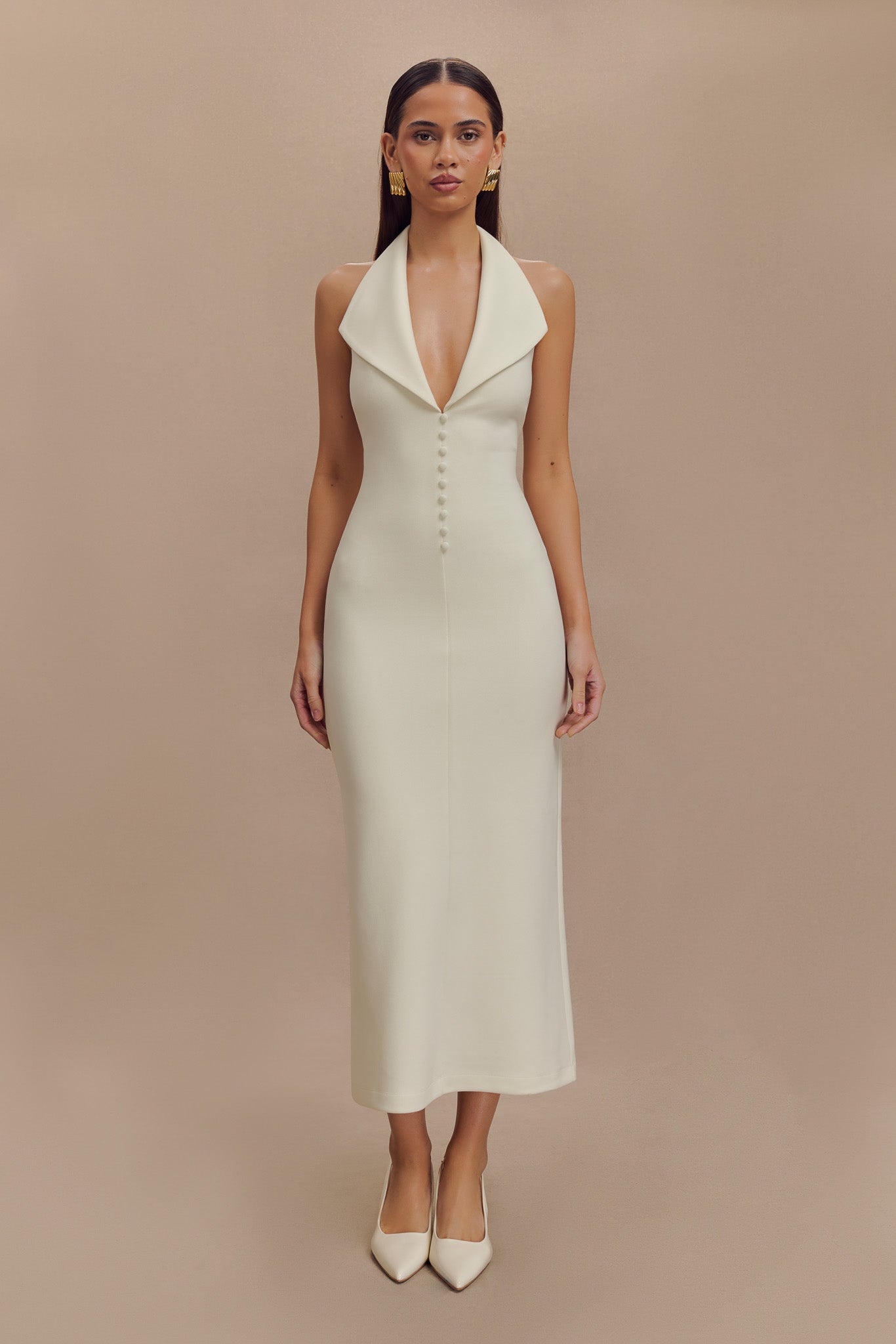 Annita Crepe Halter Midi Dress - Ivory #2