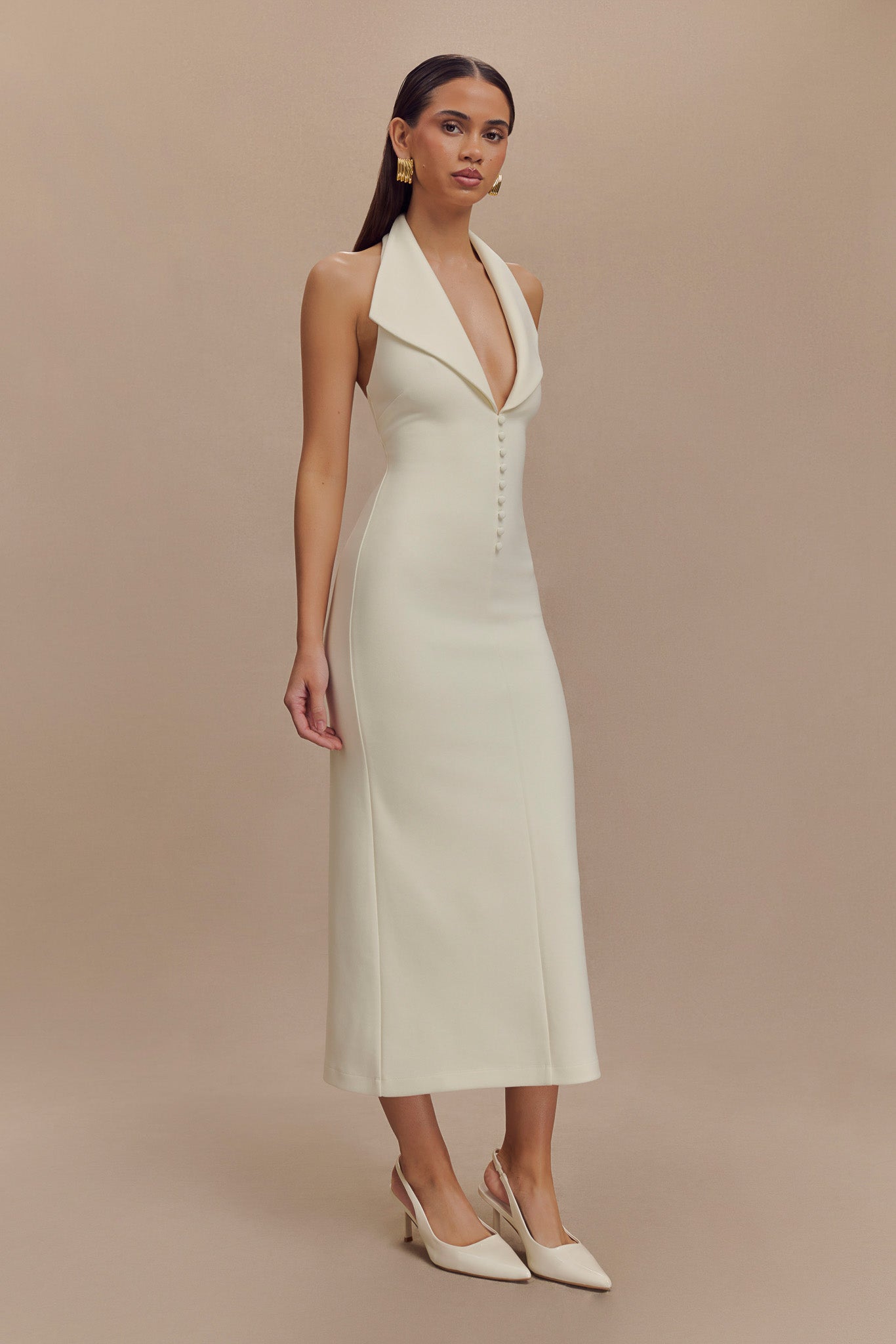 Annita Crepe Halter Midi Dress - Ivory #7