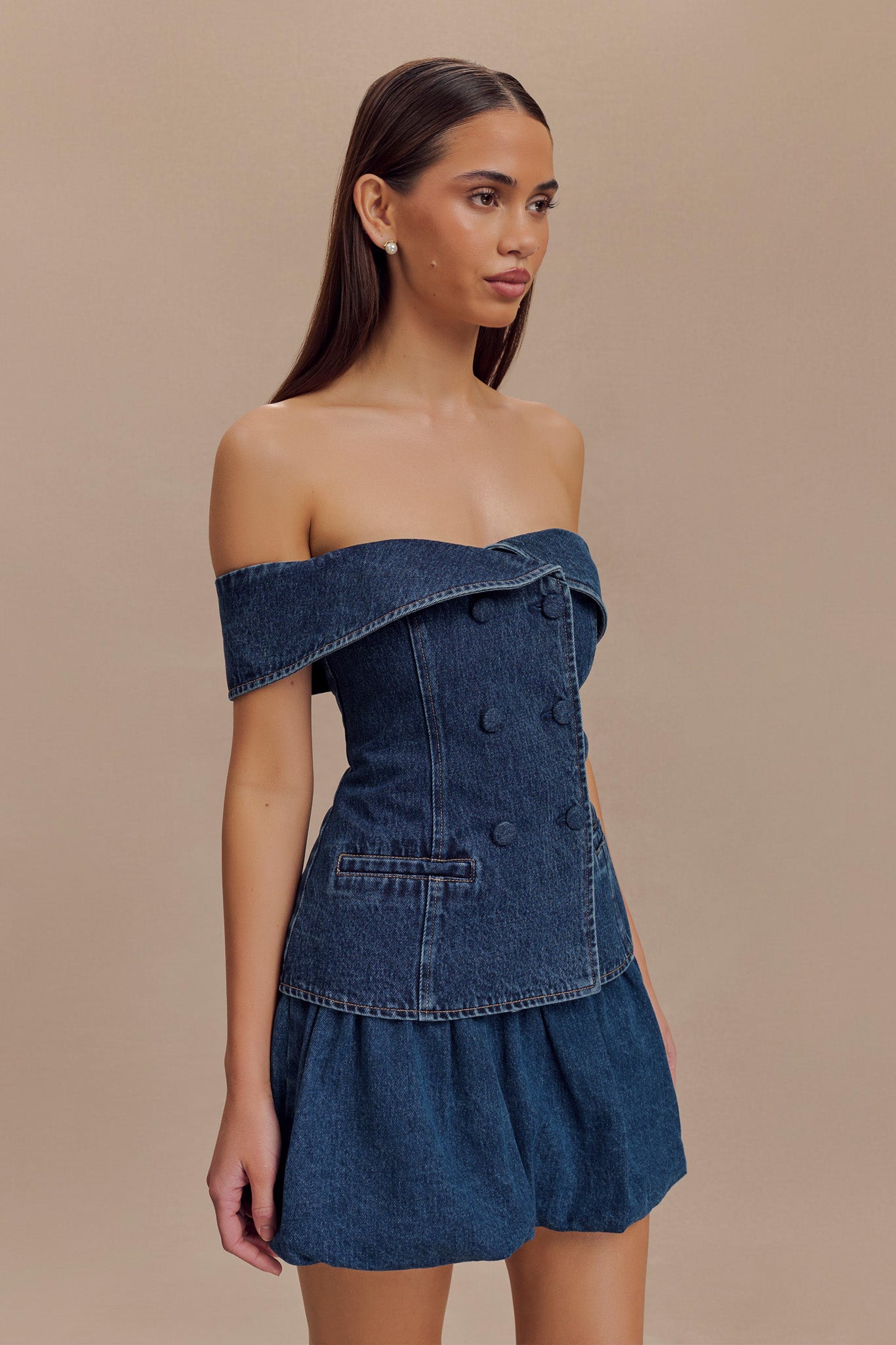 Krista Denim Off Shoulder Top - Dark Blue | MESHKI UK