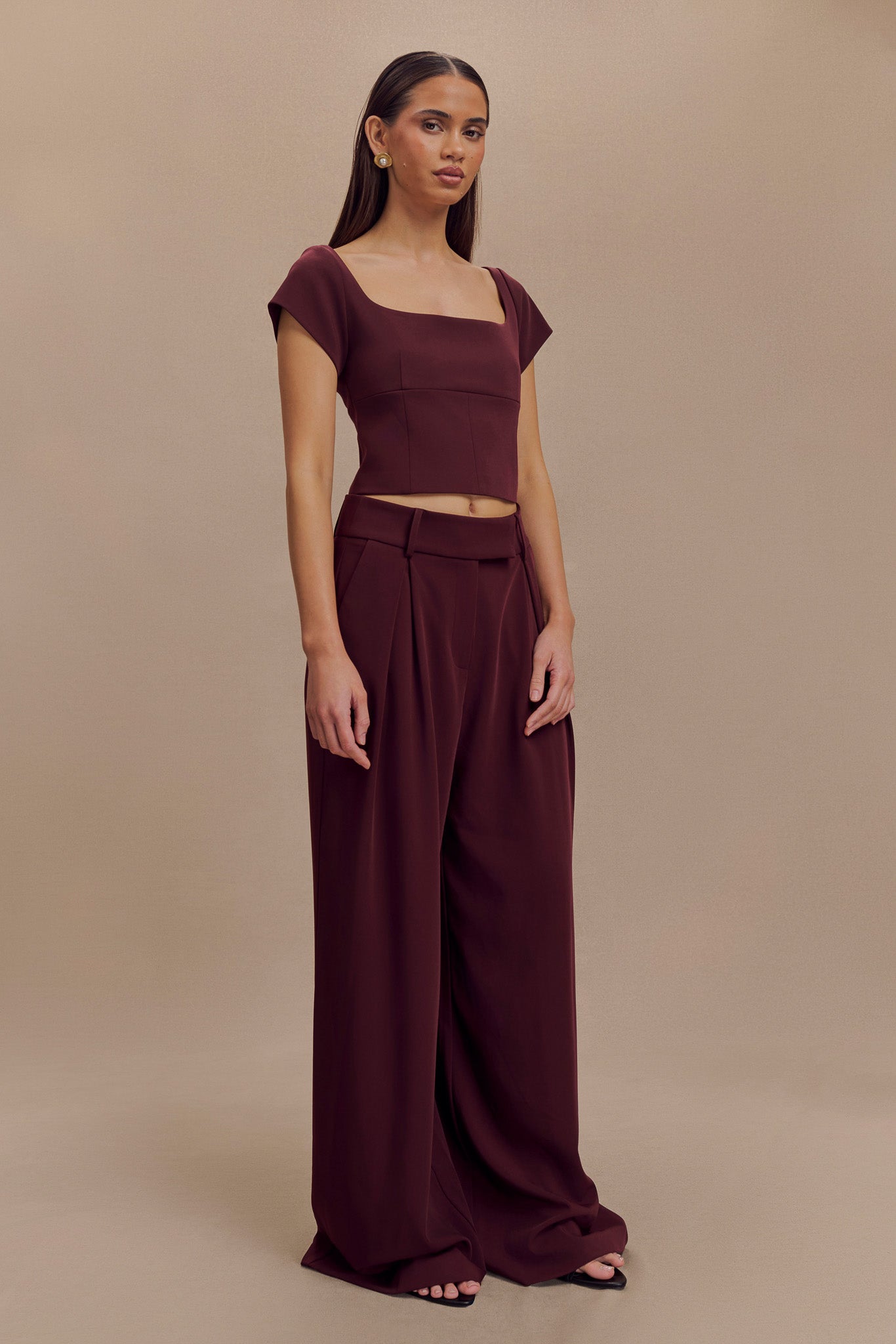 Ellis Cap Sleeve Longline Suiting Top - Mahogany