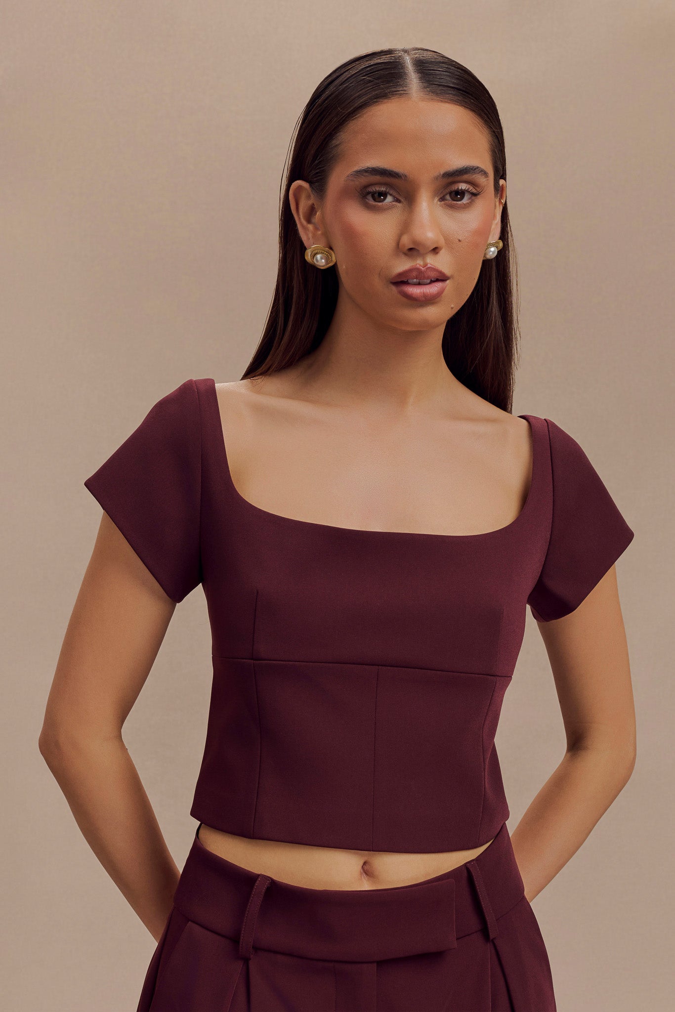 Ellis Cap Sleeve Longline Suiting Top - Mahogany