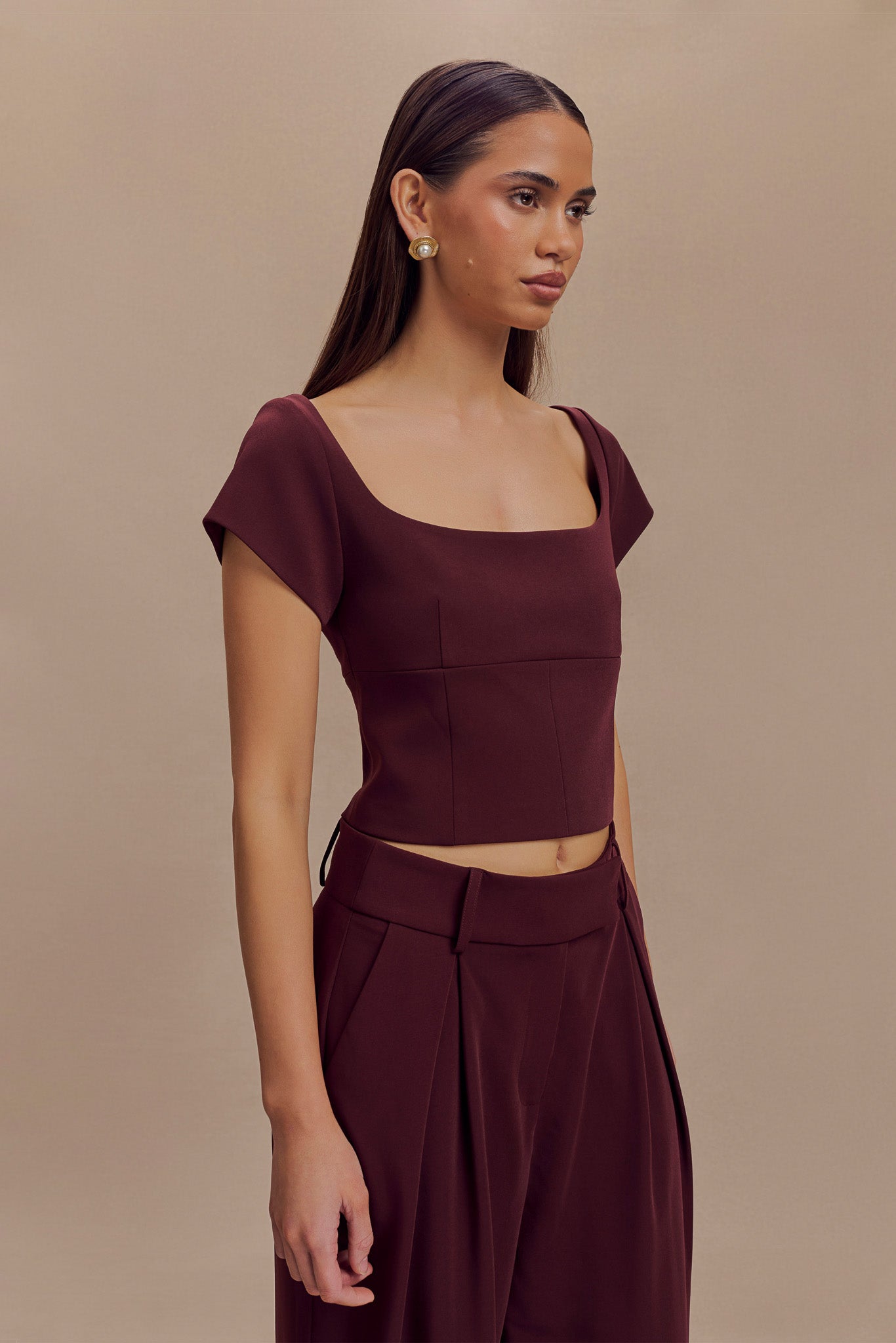 Ellis Cap Sleeve Longline Suiting Top - Mahogany