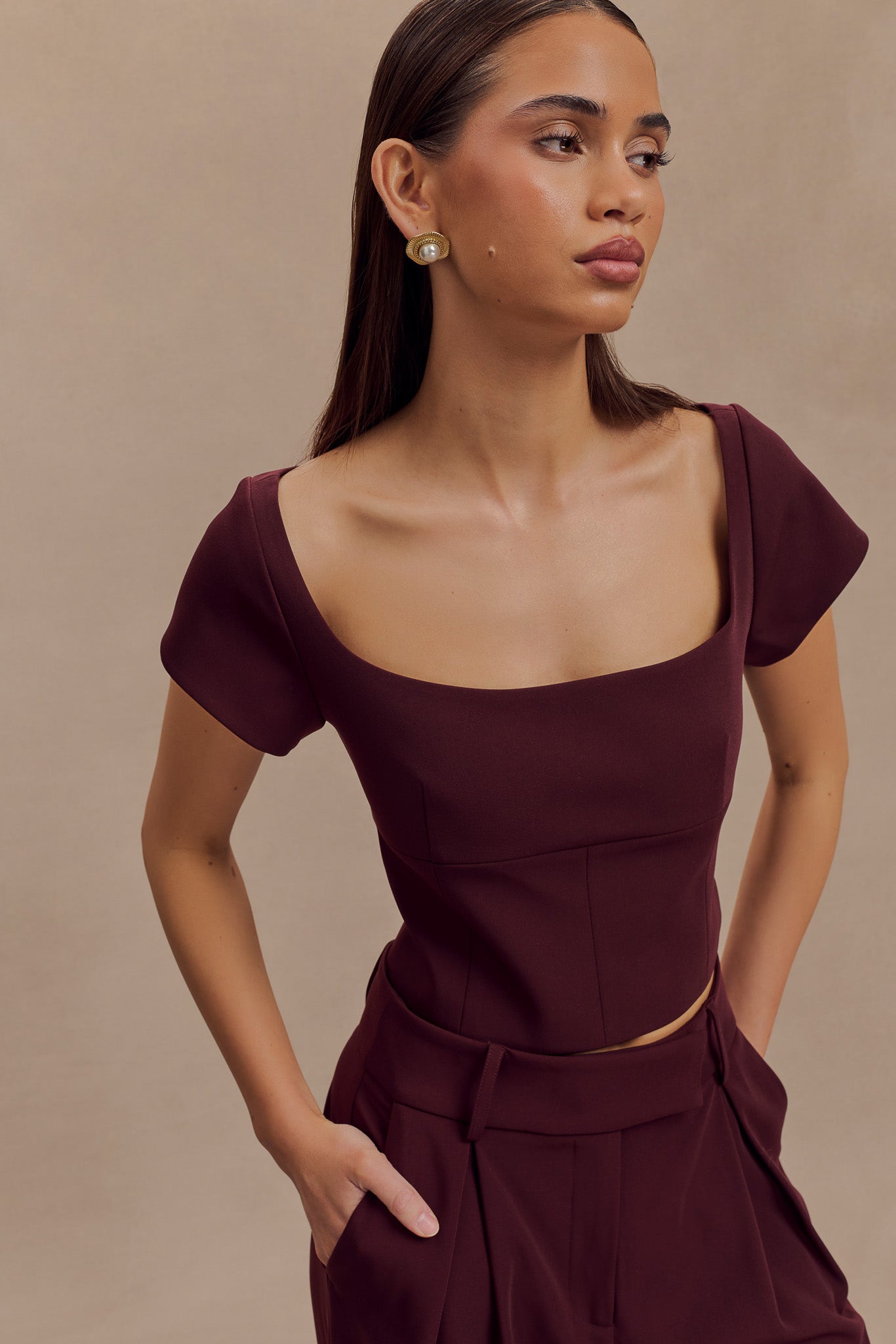 Ellis Cap Sleeve Longline Suiting Top - Mahogany