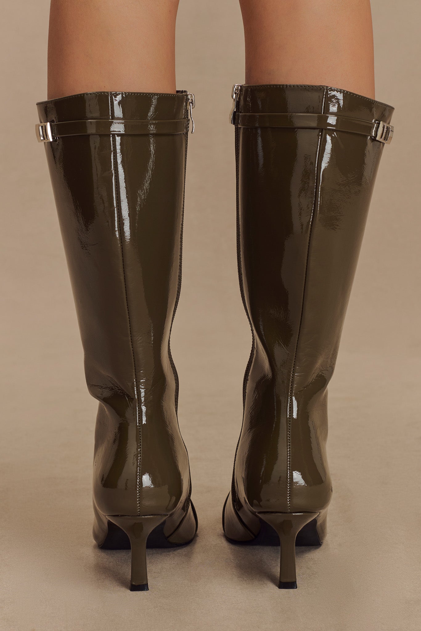 Astra Patent Faux Leather Buckle Boot - Khaki #6